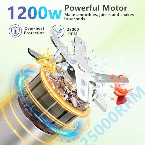 Miniatura 3 de Licuadora personal de 1200 W para batidos y batidos, 12 piezas portátil con cuchillas de 6 aletas, 2 tazas para llevar para jugos, bebidas