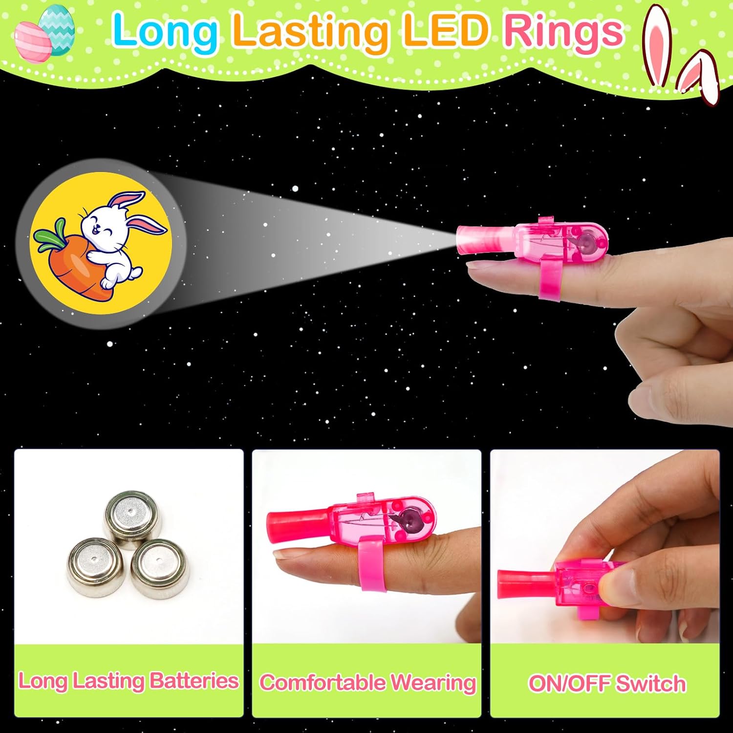 Easter Party Favors for Kids , 24 Pack Easter LED Light Up Finger Lights Easter Basket Stuffers for Kid Boys Girls Easter Egg Hunt Filling Treats Easter Basket Stuffers Easter Party Favor