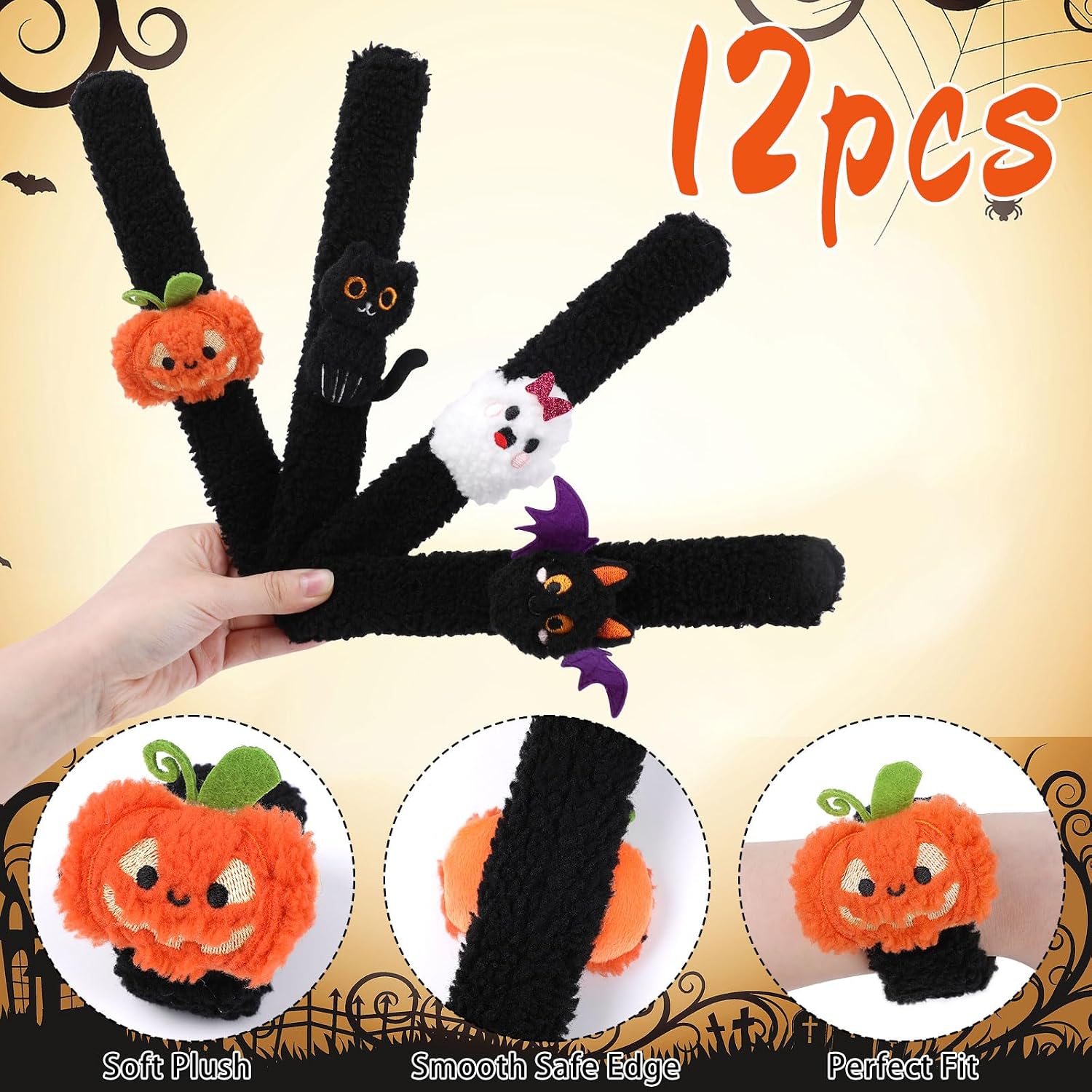CCINEE 12 PCS Halloween Plush Character Slap Bracelets Cute Pumpkin Ghost Bat Cat Slap Bands Soft Snap on Wristbands for Birthday Holiday Party Favors 4 Styles