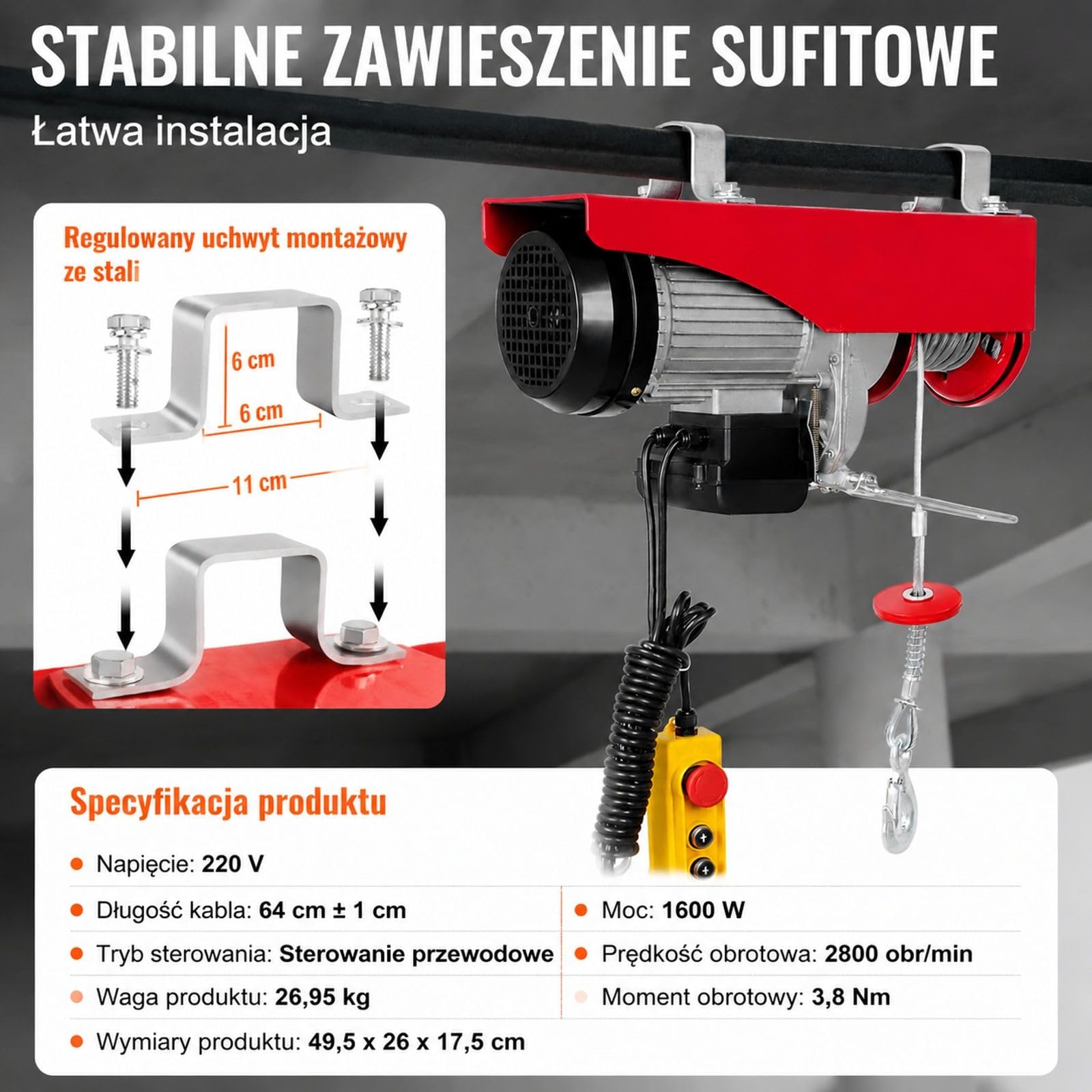 Elektryczny wciągnik linowy 1000 kg, silnik 1600 W, podnoszenie 12 m, prędkość 10 m/min, stalowa lina, hak stopowy do garażu magazynu fabryki