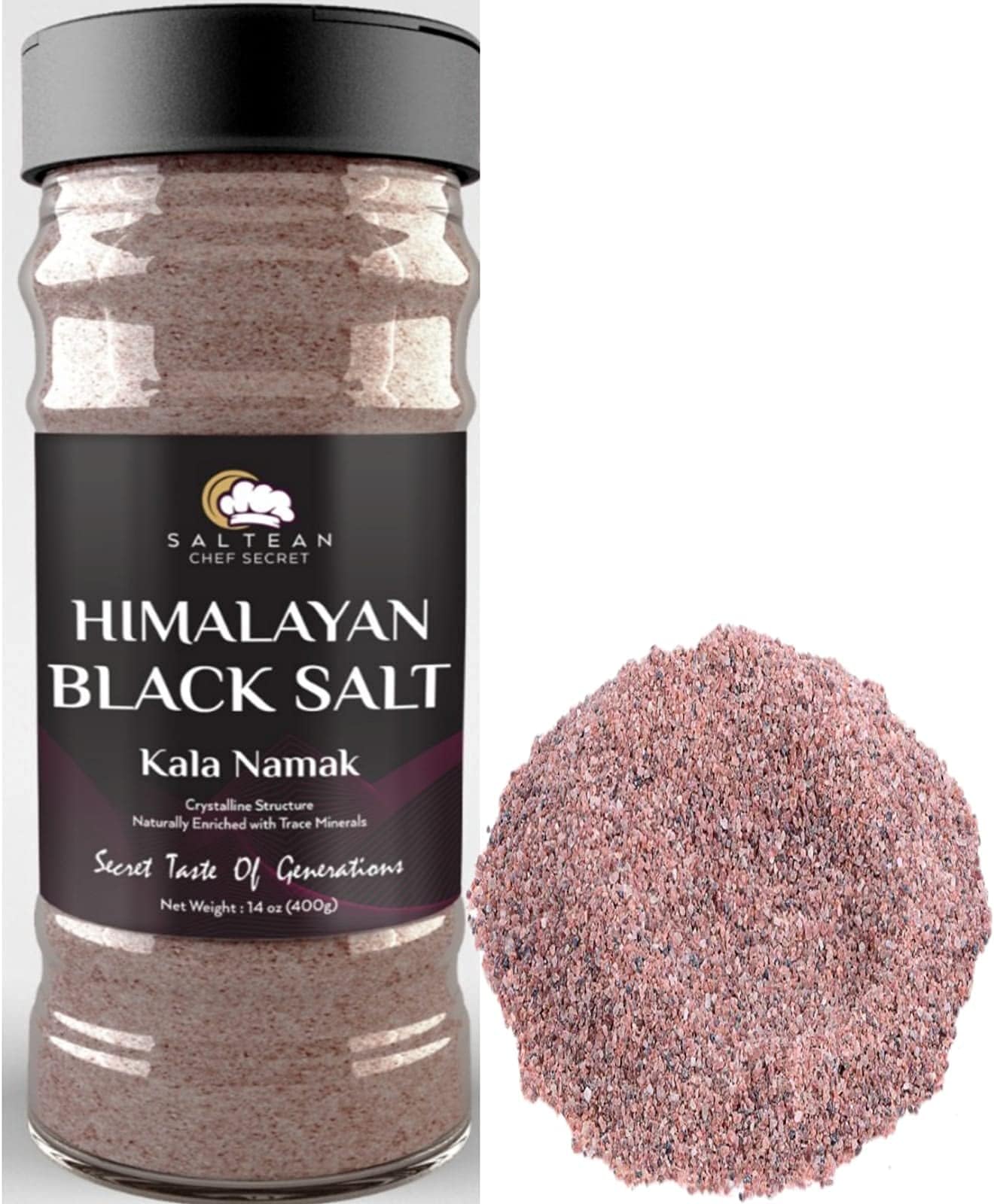 Saltean Chef Secret Himalayan Black Salt Fine 400 Gram Dual Flip Kala Namak Perfect for Tofu, Indian Food Seasoning Spice Cooking, Salad, Chat, Vegan Friendly with 84 Minerals