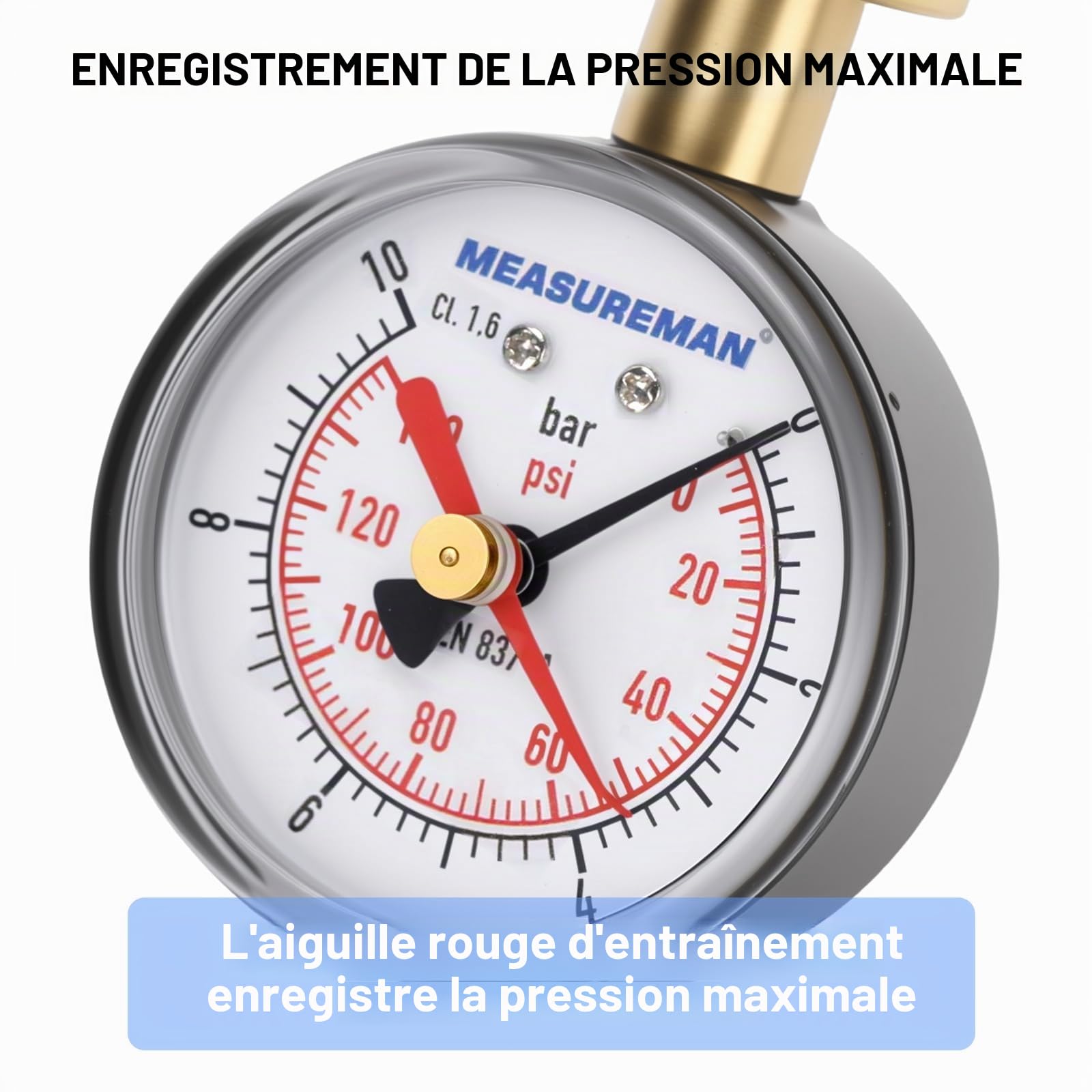 Manomètre de test de pression d’eau, filetage femelle 3/4" BSP pour tuyau, 0-10 bar avec aiguille témoin rouge.