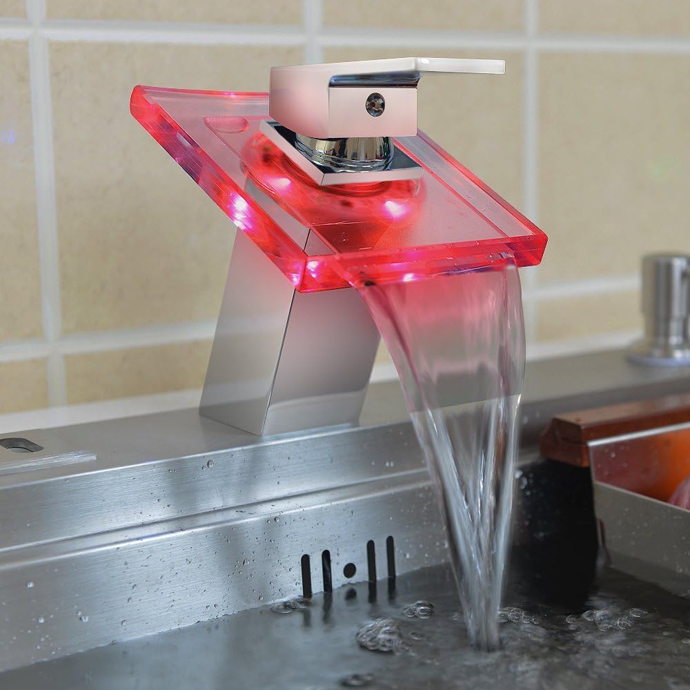 1002 No Battery Water Power Waterfall Bathroom Sink Faucet Deck Mount Color Changing Light LED Glass Spout Chrome Finish