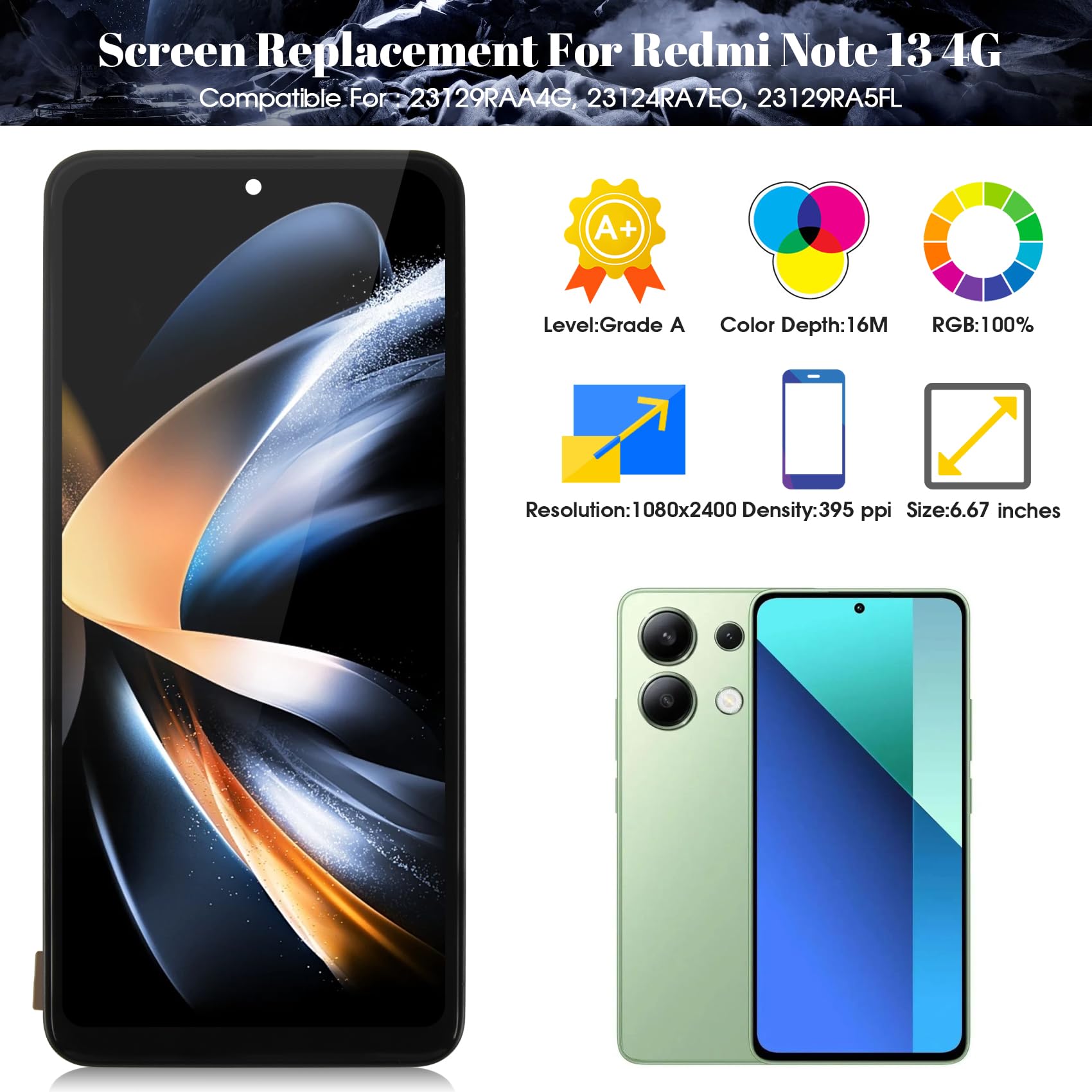 OLED LCD-Display für Xiaomi Redmi Note 13 4G für Xiaomi Redmi Note 13 4G Bildschirm Ersatz für 23129RAA4G Touchscreen Digitizer Montage Reparaturteile Kits mit Rahmen