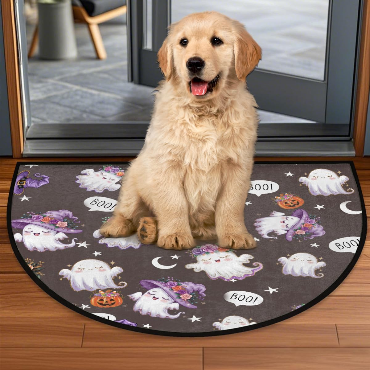 Half Round Doormat Halloween Decor Ghosts Purple Semi Circle Rug Non Slip Indoor Outdoor Entrance Half Moon Rug Washable Front Floor Mat for Kitchen Bathroom Patio Fireplace Holiday Decor,A-18