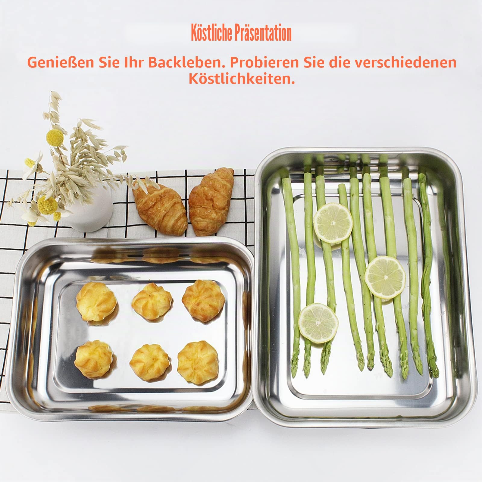 ROSSETTO Backblech Set 4-teilig Edelstahl Auflaufform Rechteckig klein Backform mit Klappbaren Griffen Rostfrei 40cm + 35cm + 30cm + 25cm, spülmaschinengeeignet