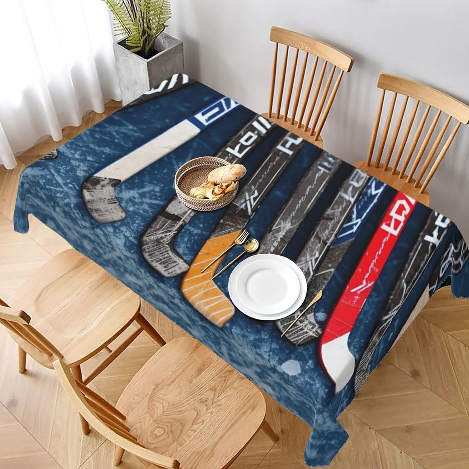 Prostokątny obrus 140 x 300 cm kij hokejowy na lodzie, tkanina poliestrowa odporna na plamy i zmywalna, ochraniacz stołu dla 8-10 osób, do użytku w kuchni, salonie, wewnątrz i na zewnątrz, 5454v