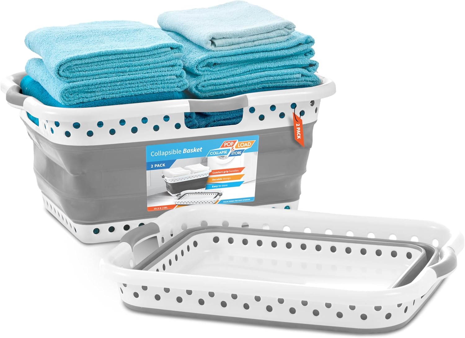 Pop & Load Collapse & Store Set of 2 Large 25″ Slim Collapsible Laundry Basket, Space Saving Portable Pop Up Storage & Organization Basket,3″ High When Folded, Dual Comfort Grip Handles, Grey/White