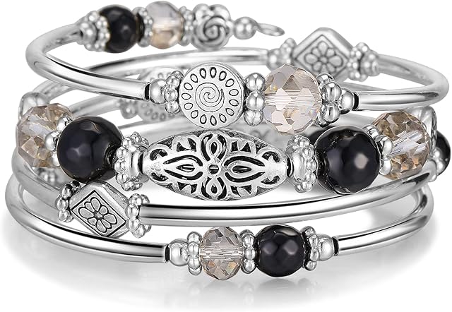 FULU AUTUMN Silver Beaded Bangle Bracelet for Women Handmade Boho Stacking Wrap Bracelet with Crystal Beads Costume Fashion Jewellery Gifts