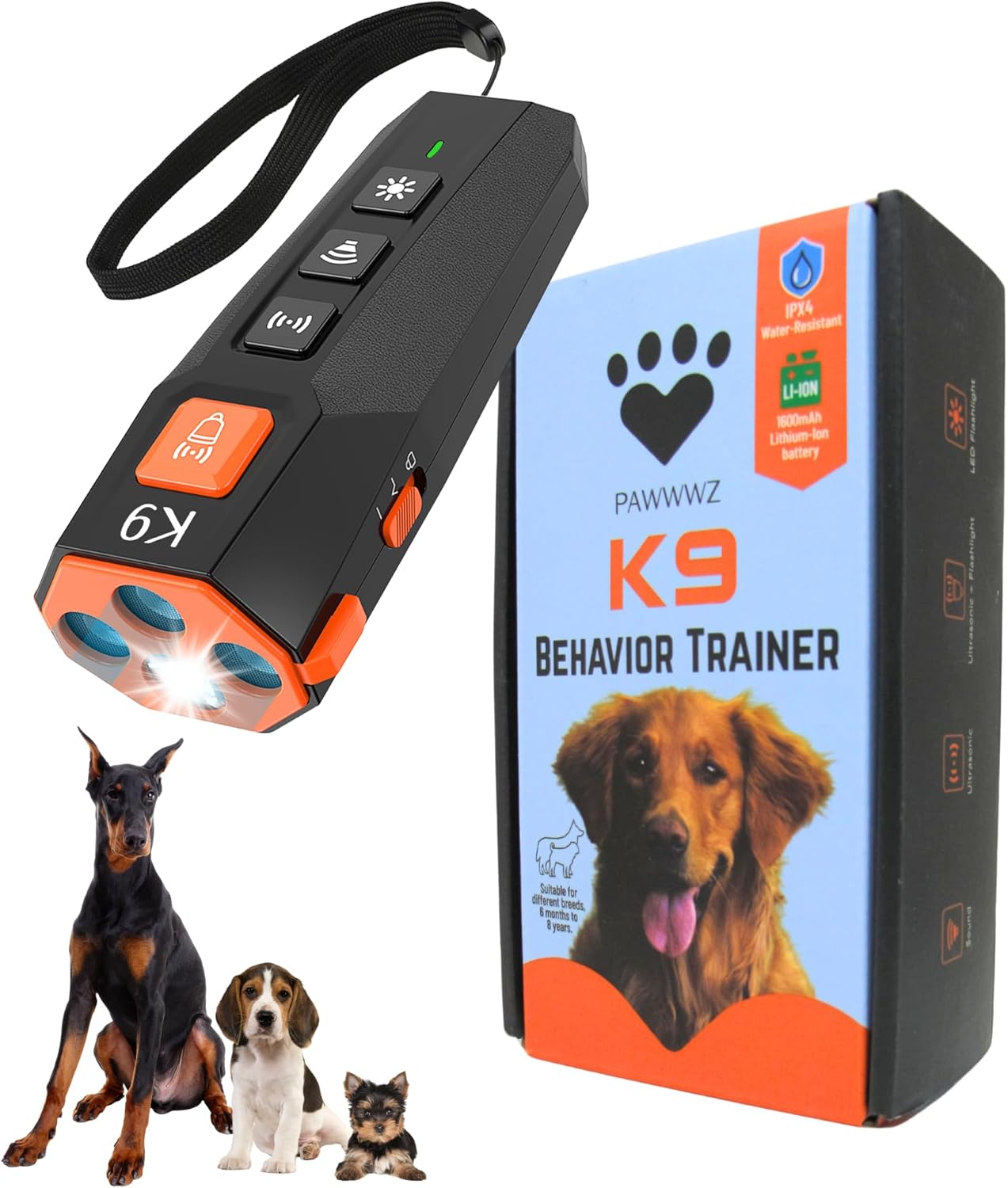 K9 Dog bark Deterrent – Humane Way - No-Shock Dog Barking Deterrent & Trainer - 2 in 1 Trainer and Powerful LED Flashlight - Rechargeable - IPX4 Water Resistance, Indoor, Outdoor Use
