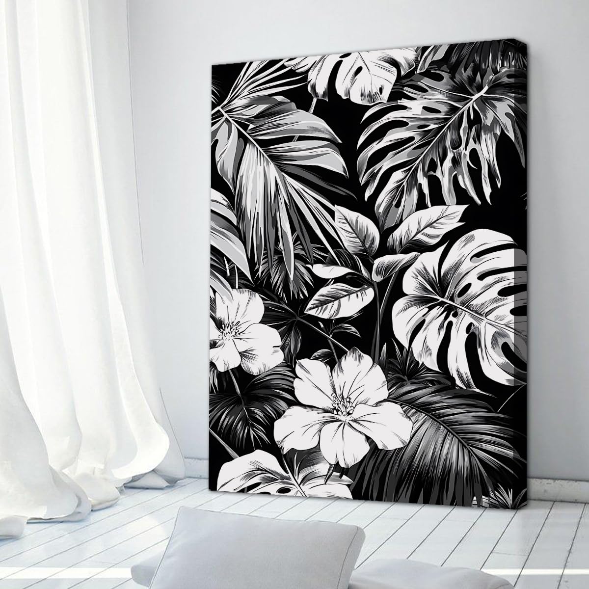 CHERHERART Odważny Bohemian Wall Decor Czarno-biały plakat na płótnie Tropikalny liść palmowy Monstera Sztuka ścienna do salonu Home Shipping 55x85cm Wewnętrzna rama