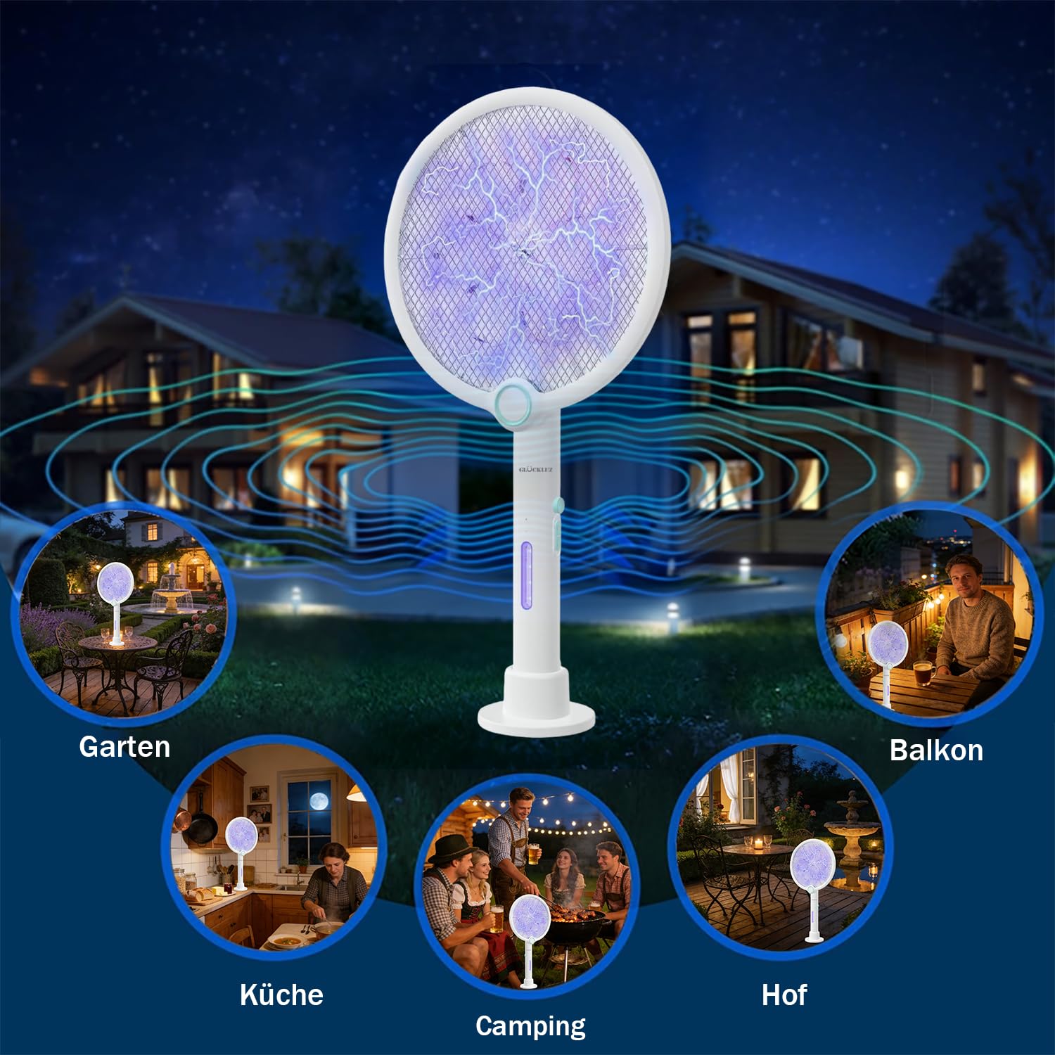 Gluckluz Raqueta Mosquitos Eléctrica, Matamoscas Electrico Recargable con USB Base, Antimosquitos Eléctrica con Luz Ultravioleta para Matar Mosquitos, Batería de 1800mAh (1, Blanco)