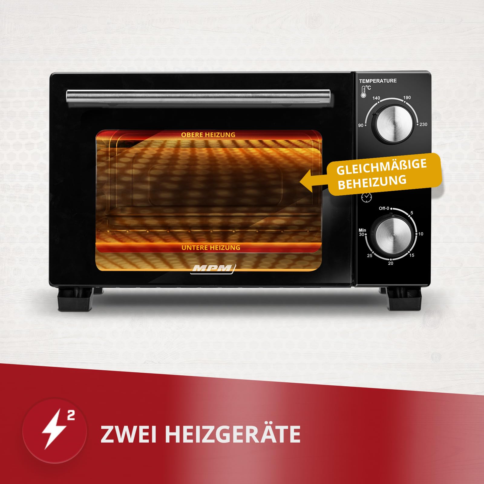 MPM - MPE-13 - Mini-Backofen - Freistehend - 10 L- mit Ober-/ Unterhitze - mit Backblech und Gitter - 4-stufige Temperaturreglung 90-230°C - mit Drehknopf - Pizza-Ofen - Klein - Schwarz