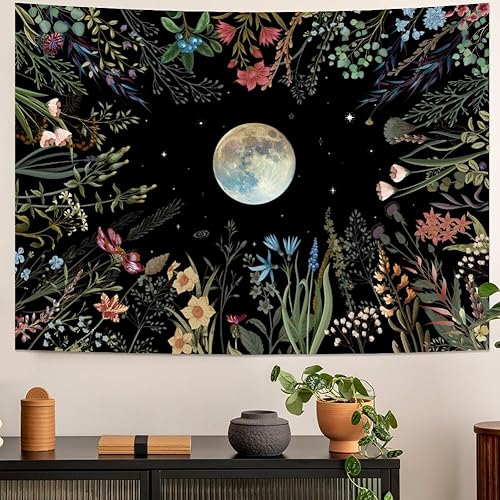 Miniatura 5 de Amhokhui Tapiz de jardín iluminado por la luna tapiz de flores tapiz de plantas coloridas tapiz negro para colgar en la pared para habitación