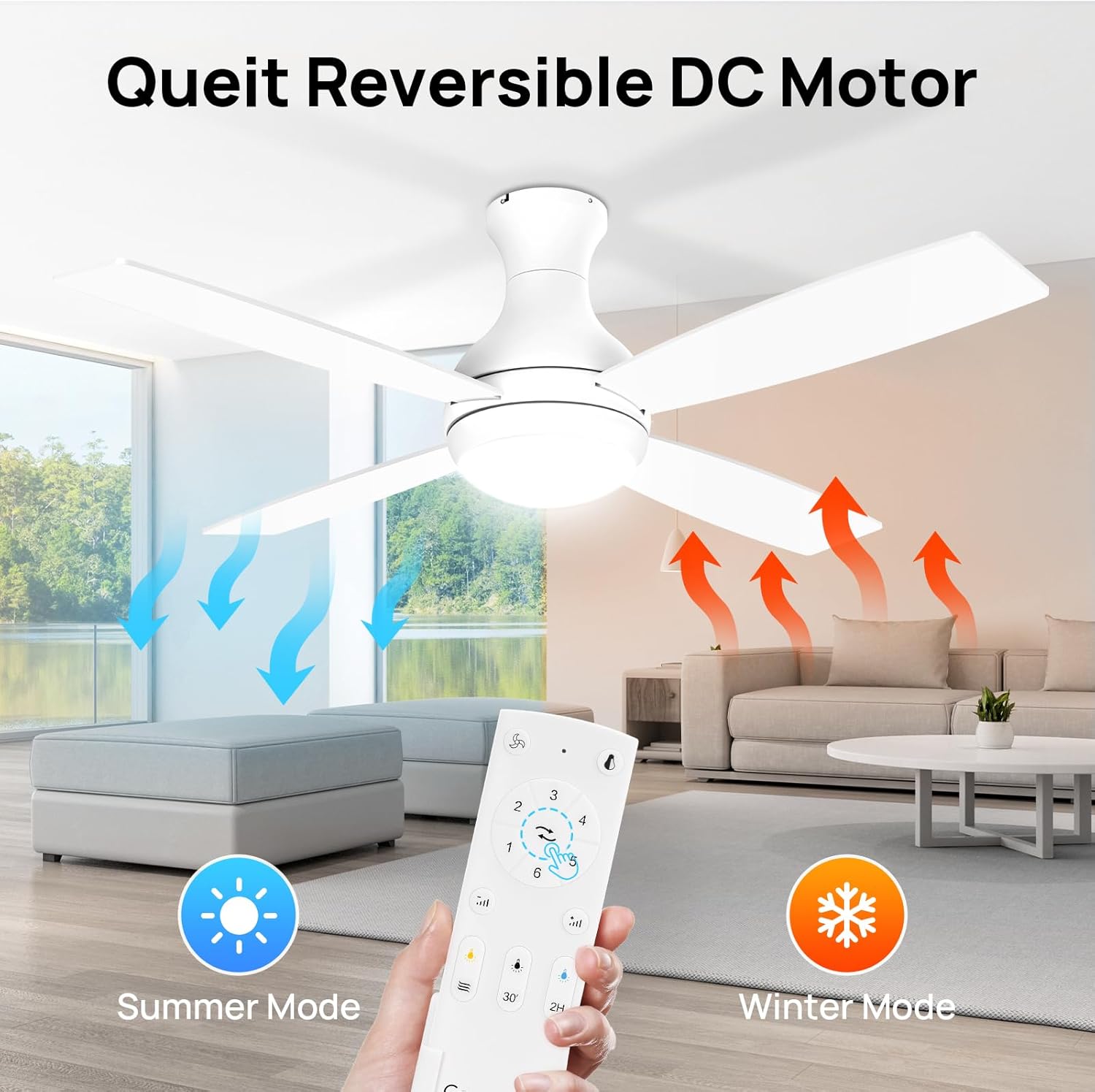 Illustration of the ceiling fan operating in summer mode (downdraft) and winter mode (updraft).