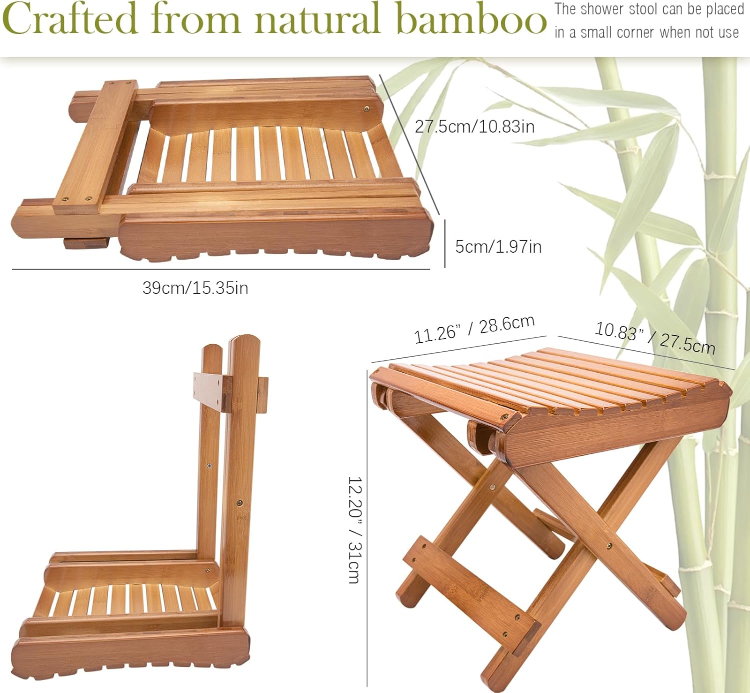 folding bamboo stool for shower, leg shaving and foot rest, natural bamboo folding stool, folding bamboo shower seat, fully assembled, 12 inch high