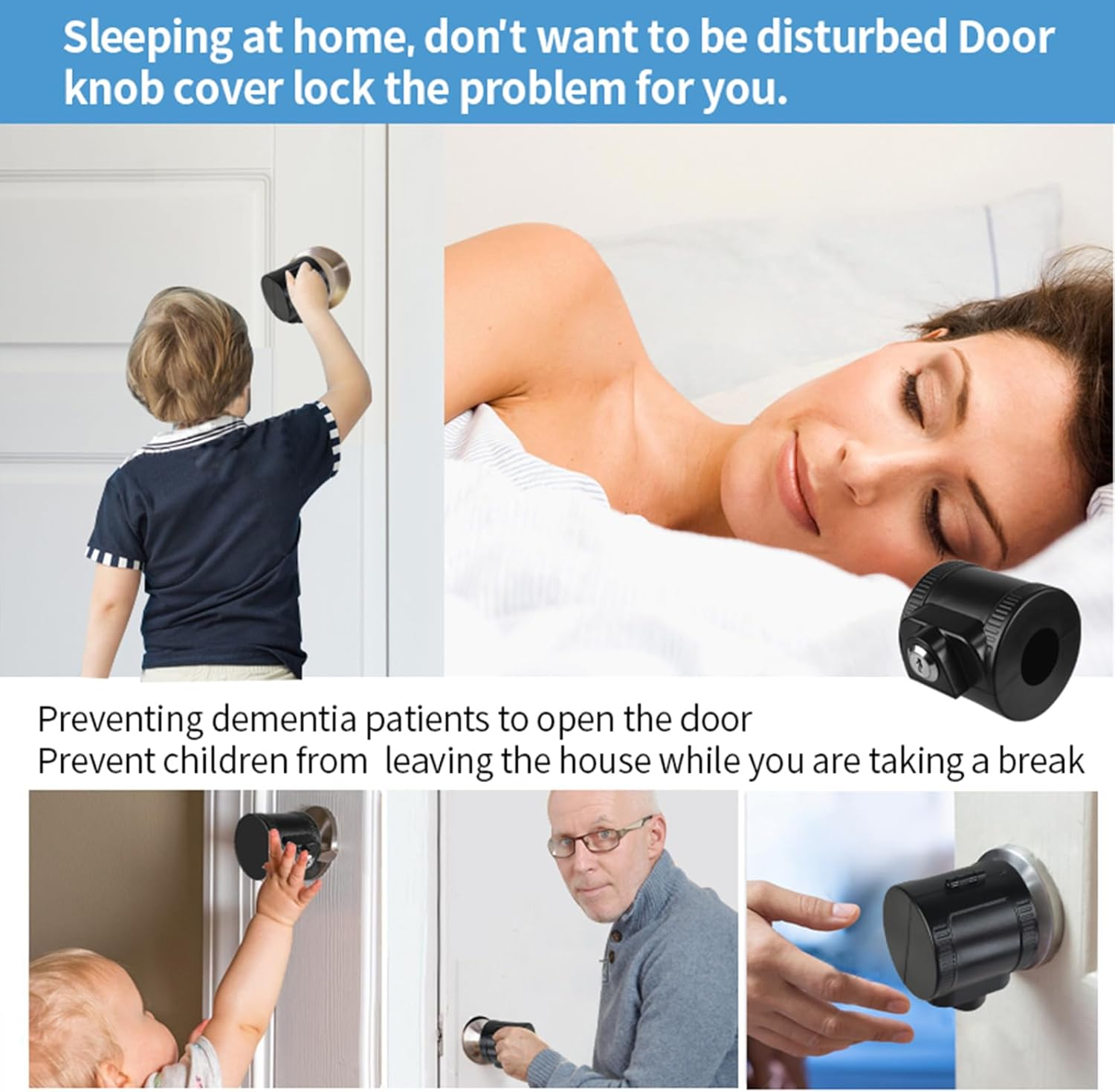 Child Proof Door Knob Cover Lock for Dementia Elderly Safety - Universal ABS Plastic Lock-Out Device for Bedroom, Bathroom, Gas Valve & Outdoor Faucets (Fits Most Circular Knobs)-2 Pack