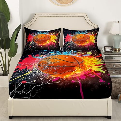 Miniatura 3 de Erosebridal Juego de sábanas de baloncesto para niños y adolescentes, sábanas deportivas para niños, tamaño matrimonial, color rojo y azul, con bola