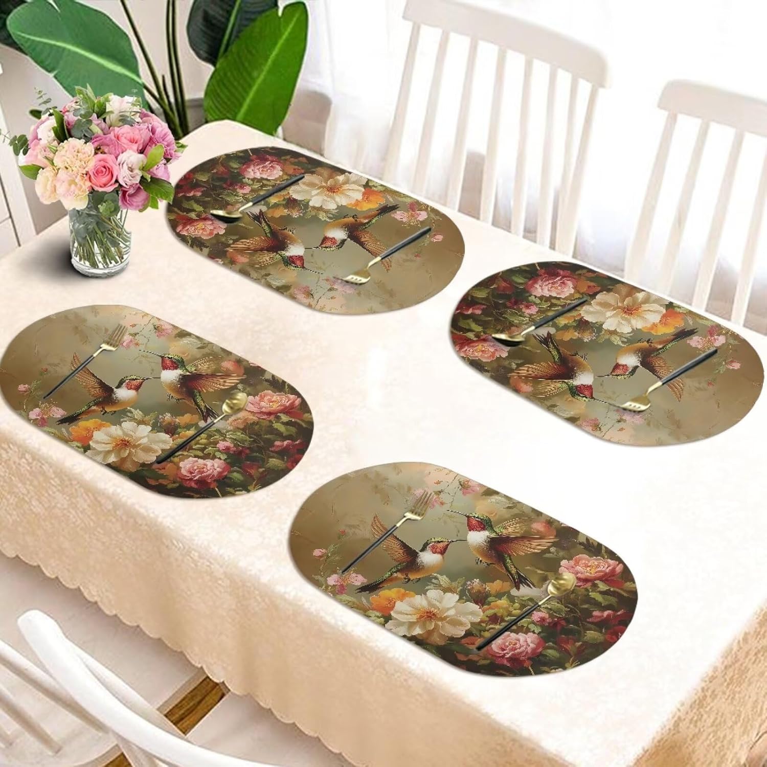 Hummingbird Table Mats Set of 4 Suit Table Mats for Dining Table Heat Resistant Placemats 12.2X18.11 Inch Winter Xmas Table Mats for Party Kitchen Dining Decoration