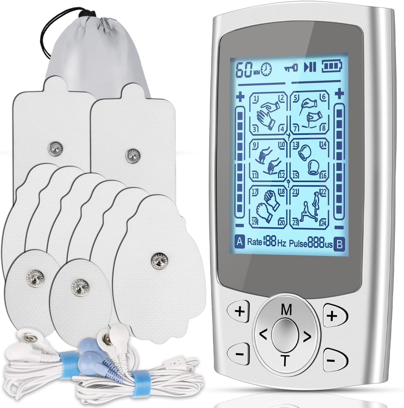 TENS Unit Muscle Stimulator Machine with 24 Modes,Dual Channel Portable and Rechargeable Electronic Pulse EMS Tens Machine Mini Massager with 10 Electrode Replacement Pads for Pain Relief Therapy