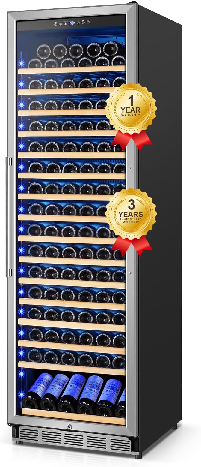 Tall 24 inch single-zone 190-bottle wine fridge with glass door and blue lighting