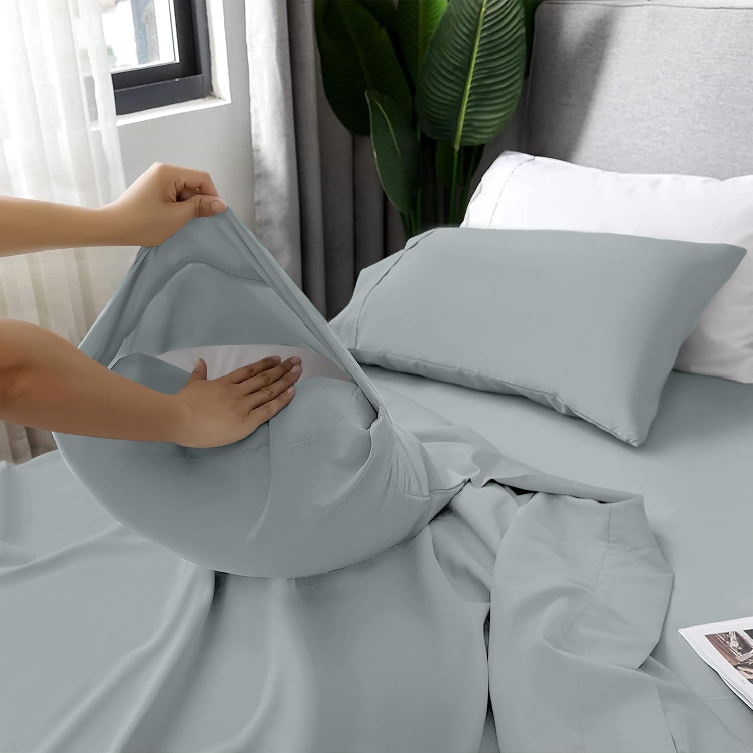 LUX Décor Twin Sheet Set - 3 Piece Ultra-Soft Microfiber Bed Sheets with Flat Sheet, 16 Inches Deep Pocket Fitted Sheet & Pillowcase, Cooling & Breathable, Hotel Luxury, Oeko-TEX - Grey - Image 2