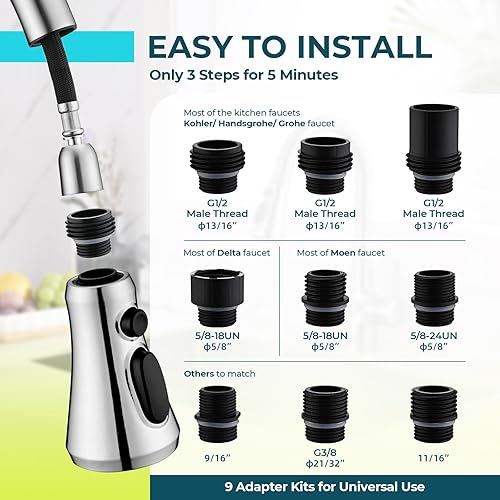 Miniatura 3 de VFAUOSIT Cabezal de repuesto para grifo de cocina, 3 modos (rociador de cuchilla), cabezal rociador de grifo de fregadero de cocina extraíble con 9