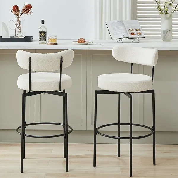 AODAILIHB Swivel Bar Stools Set of 2, Counter Height Bar Stool with Back and Metal Legs, High Top Island Chairs with Footrest, Sherpa Tall Kitchen Bar Chair Boucle White Bar Stools (White, Set of 2)