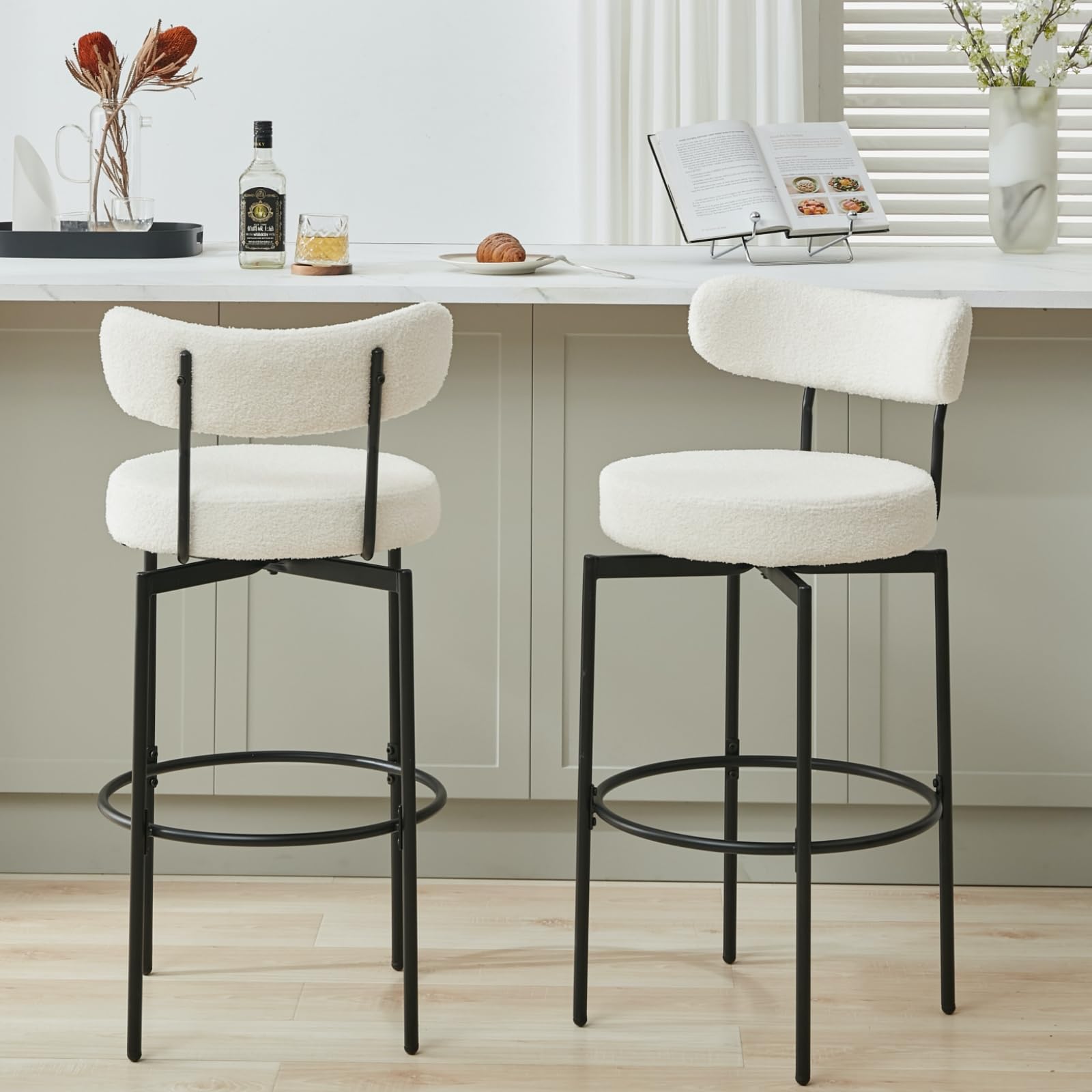 AODAILIHB Swivel Bar Stools Set of 2, Counter Height Bar Stool with Back and Metal Legs, High Top Island Chairs with Footrest, Sherpa Tall Kitchen