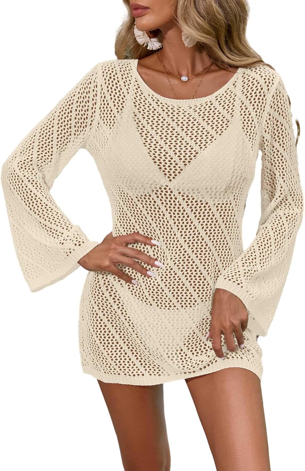 Womens Crochet Knit Slim Fit Beach Mini Dress Summer 2025 Sexy Boat Neck Long Bell Sleeve Bathing Suit Cover Up