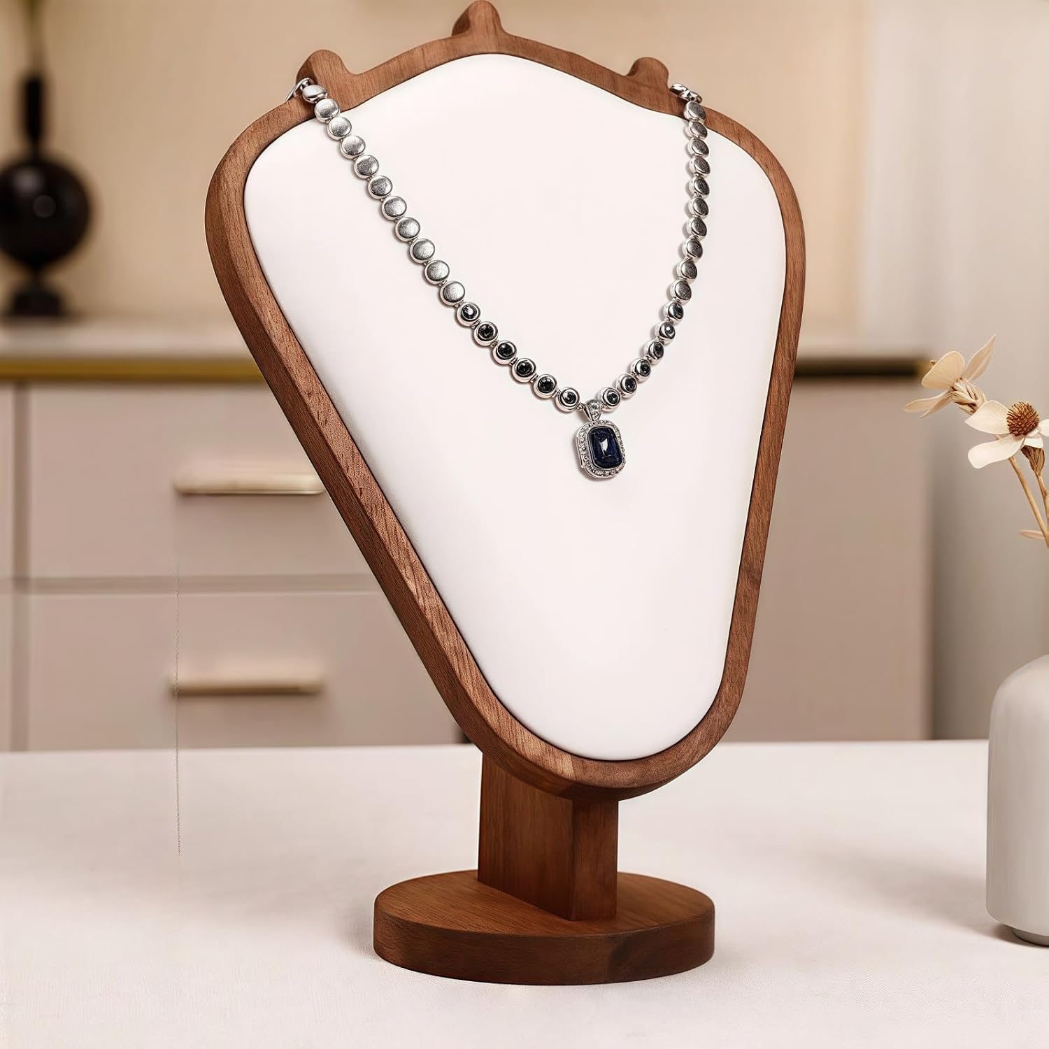 Walnut Color Body Wood Necklace Display Stand with White Leather Soft Mat Necklace Holder Organizer Desktop Stand for Home Store Dresser-4.45"x8.4"x12"