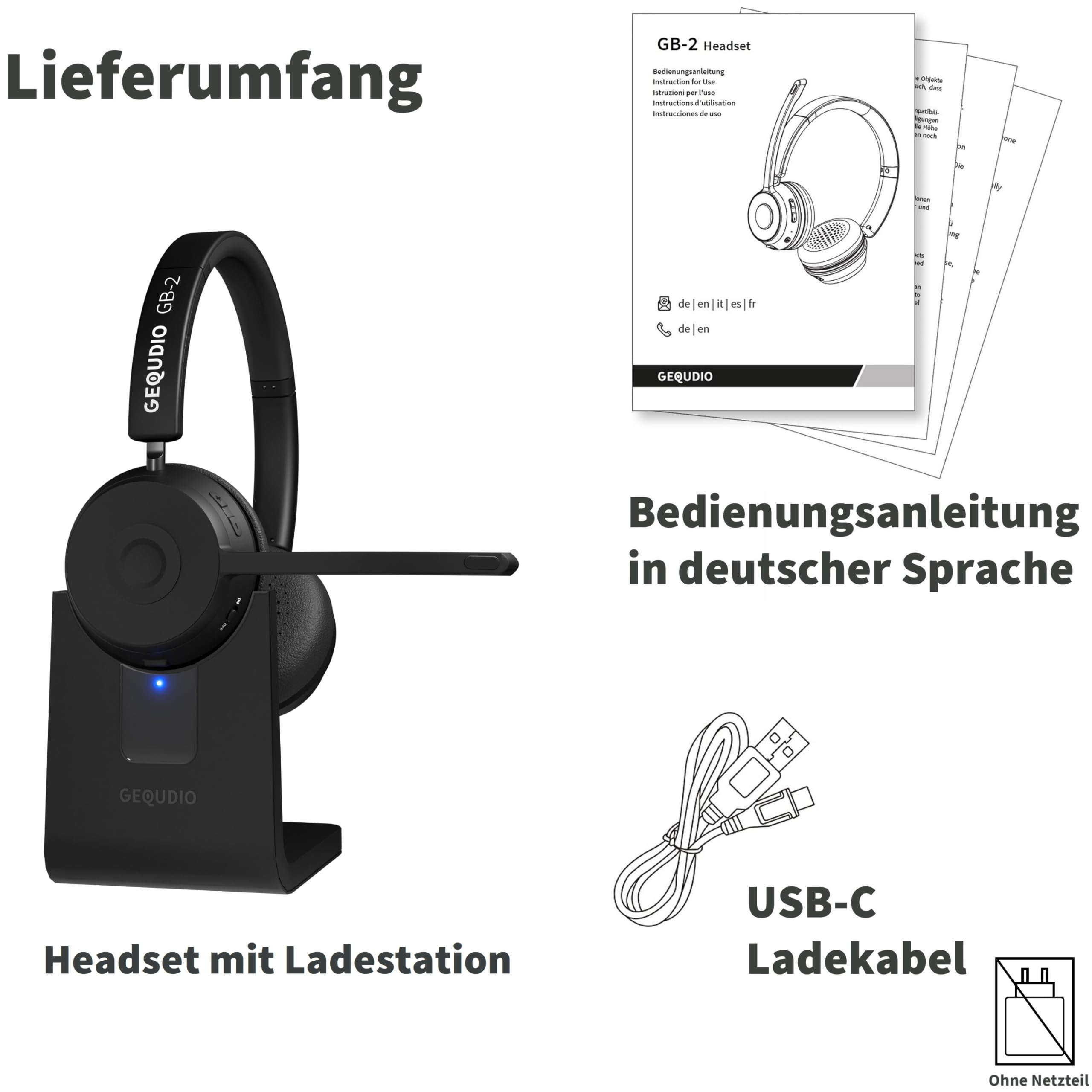 GEQUDIO Bluetooth Headset mit Mikrofon & Ladestation, GB2+, 500h Standby | Noise Cancelling · Multipoint · kabellos · für PC, Mac & Laptop · Home Office & Business · inkl. Ladeschale
