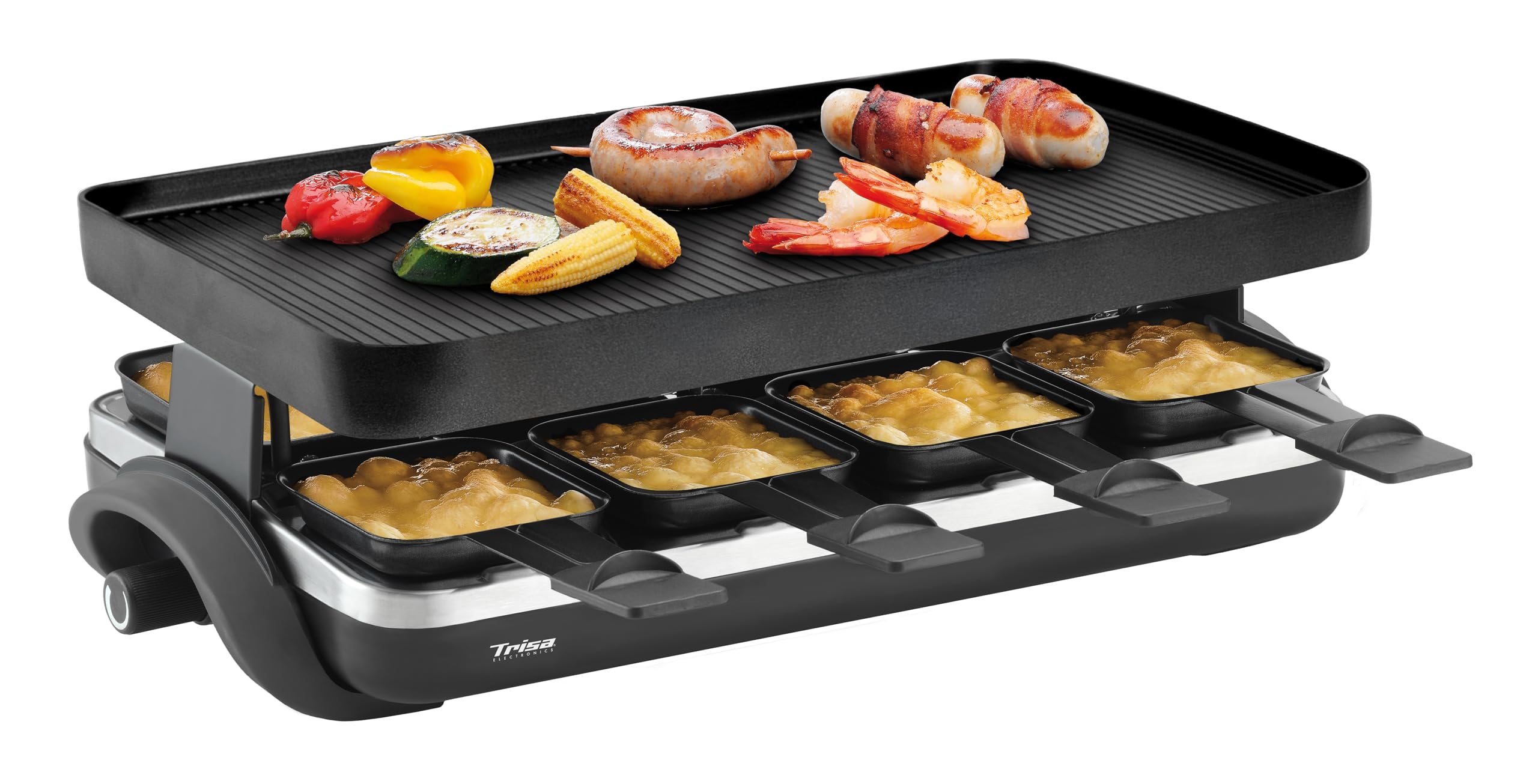 Trisa Raclette Supreme 8 Grill, 1500W, 8 Pfännchen, Guss-Aluminium Platte | 8 Antihaft-Pfännchen & Spachtel, Guss-Aluminium Grillplatte, 1500W, Stufenloser Temperaturregler