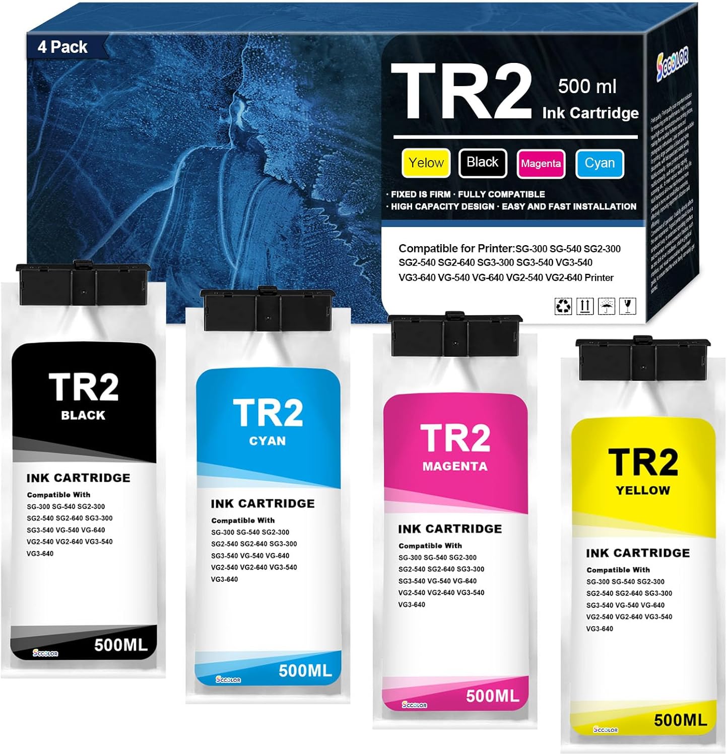 TR2 Ink Cartridge 4-Pack 500ml Replacement for Roland TrueVIS TR2 TR2-BK TR2-CY TR2-MG TR2-YE Ink for TrueVIS SG-300 540,SG2-300 540 640,SG3-300 540,VG-540 640,VG2-540 640,VG3-540 640 Printer