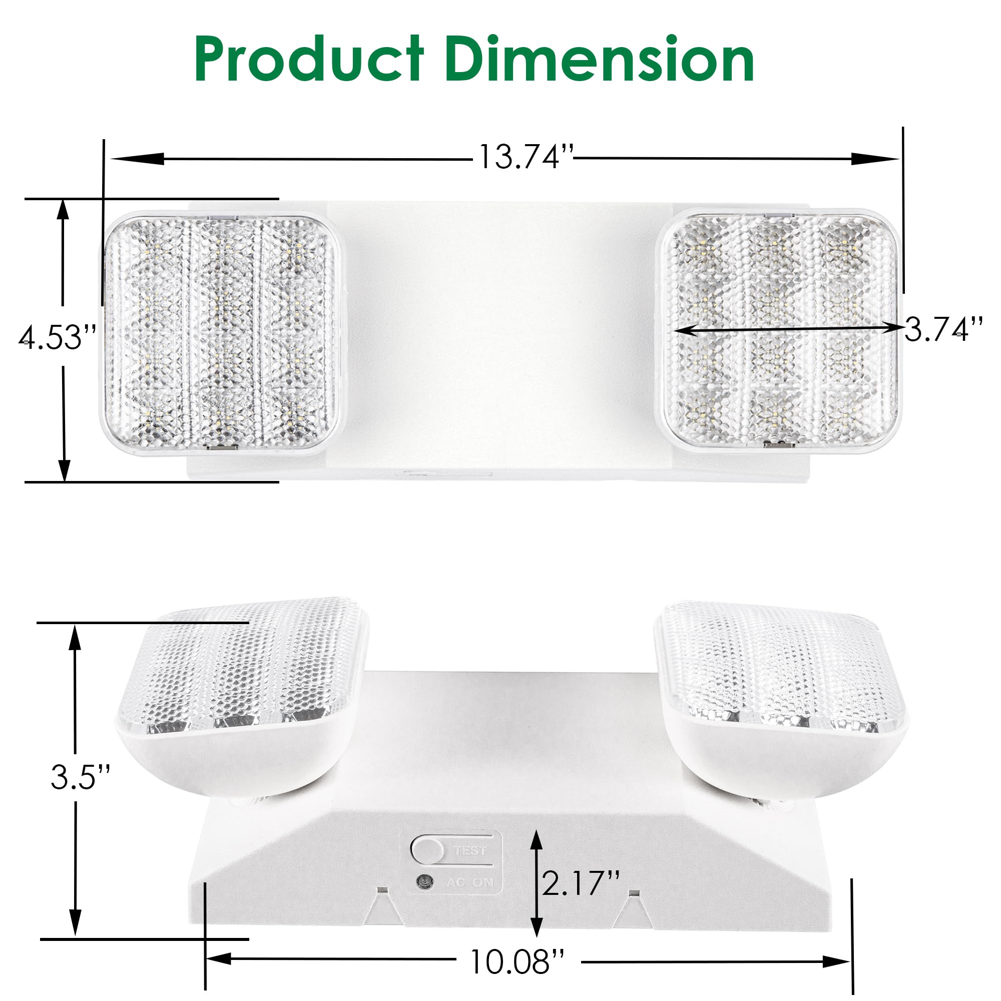 GRUENLICH Accesorios de iluminación LED de salida de emergencia con dos cabezales LED y baterías de respaldo, luz de emergencia estándar de EE. UU., calificada por UL 924, voltaje 120-277, paquete de