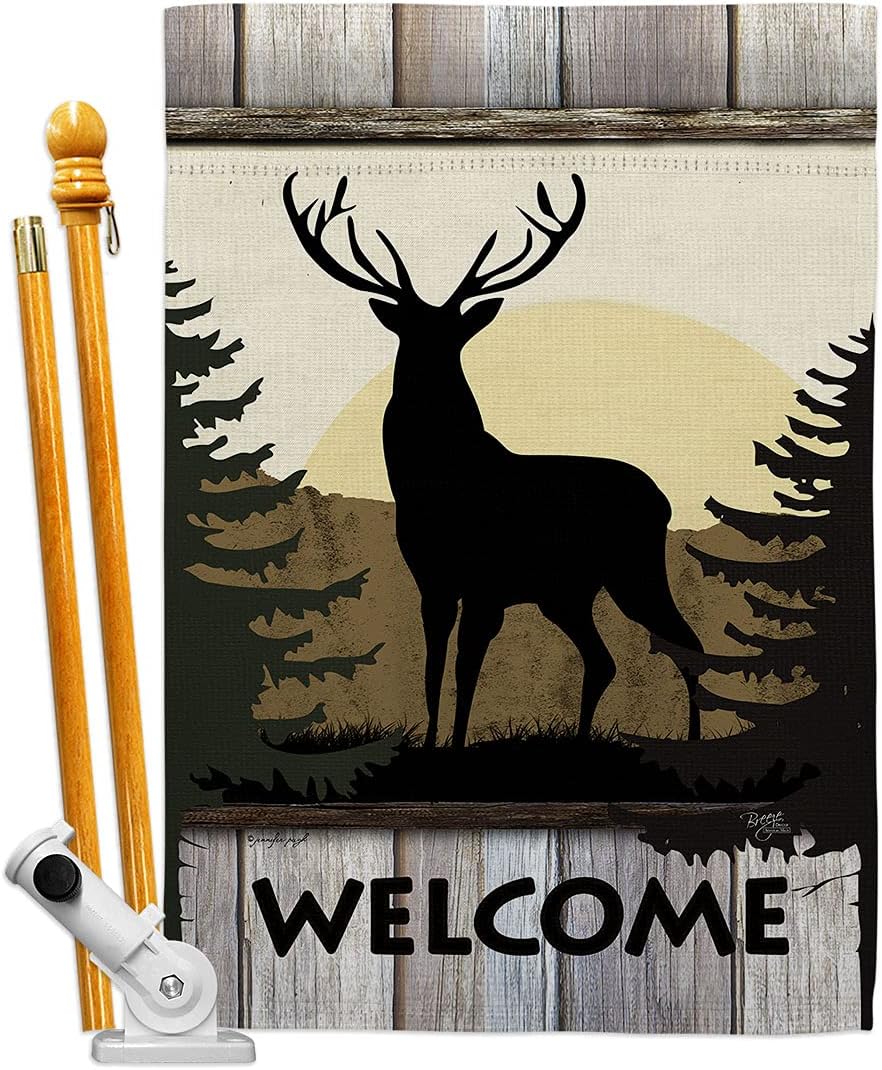 Welcome Deer House Flag Dowel Set Animals Wildlife Outdoor Bear Wolf Pet Nature Farm Animal Creature Small Decorative Gift Yard Banner Made In USA 28 X 40