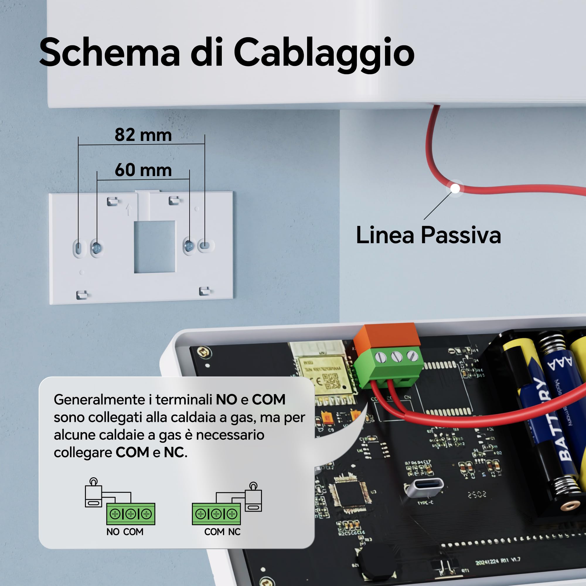 Termostato Wi-Fi a batteria con 2 fili, controllare per la caldaia a gas, termostato Tuya programmabile giornalmente, compatibile con controllo vocale di Google e Alexa.W506 3A