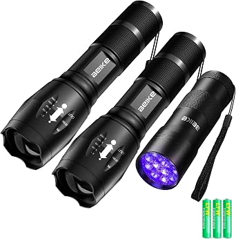 UV Flashlight Black Light Combo Set 1 Pack of Small Portable 12 LED Mini Blacklight Flashlight + 2 Pack of High Lumens Small Powerful Flashlights