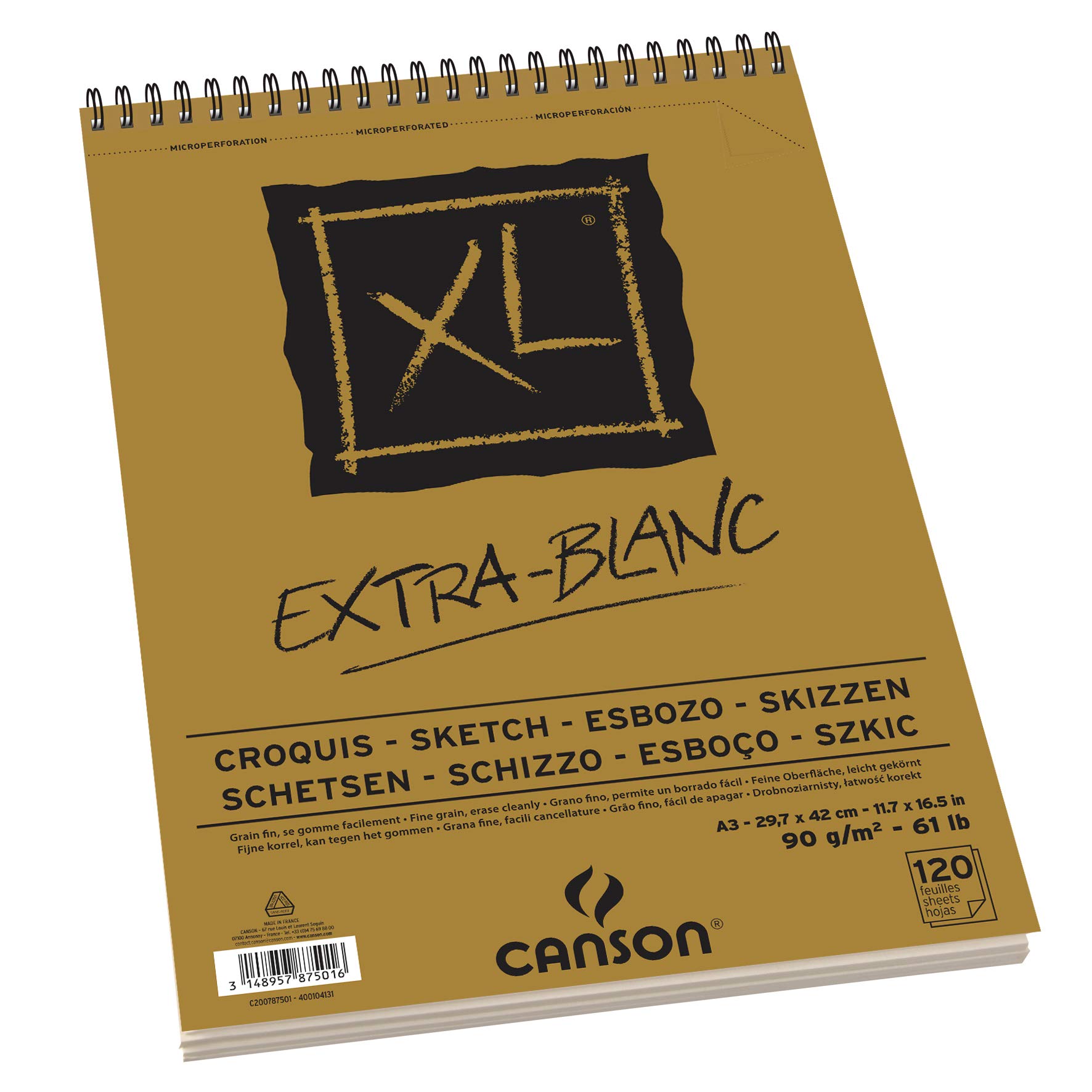 Canson 200787501 XL Extra White blok do szkicowania, 90 g/m², 120 arkuszy w bloku "Spirala na krótkiej stronie", 297 x 434 mm,