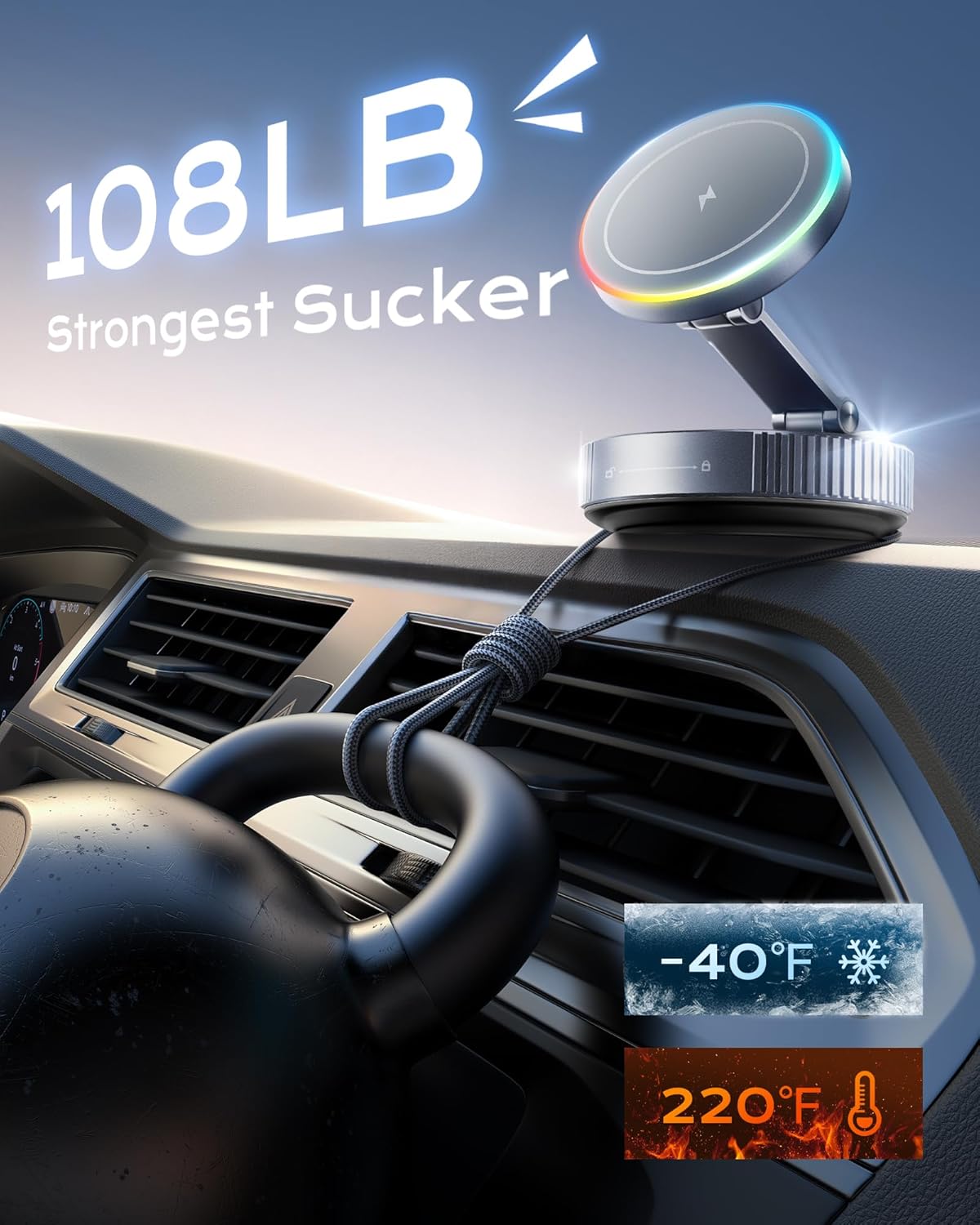 avedio links Magnetic Phone Charging Holder Mount for Car, 360° Vacuum Magnetic Phone Holder, Qi1 15W Fast Wireless Charger for car Magsafe Suction Cup Phone Mount for iPhone 17 Pro Max Air 16-12 - Image 3