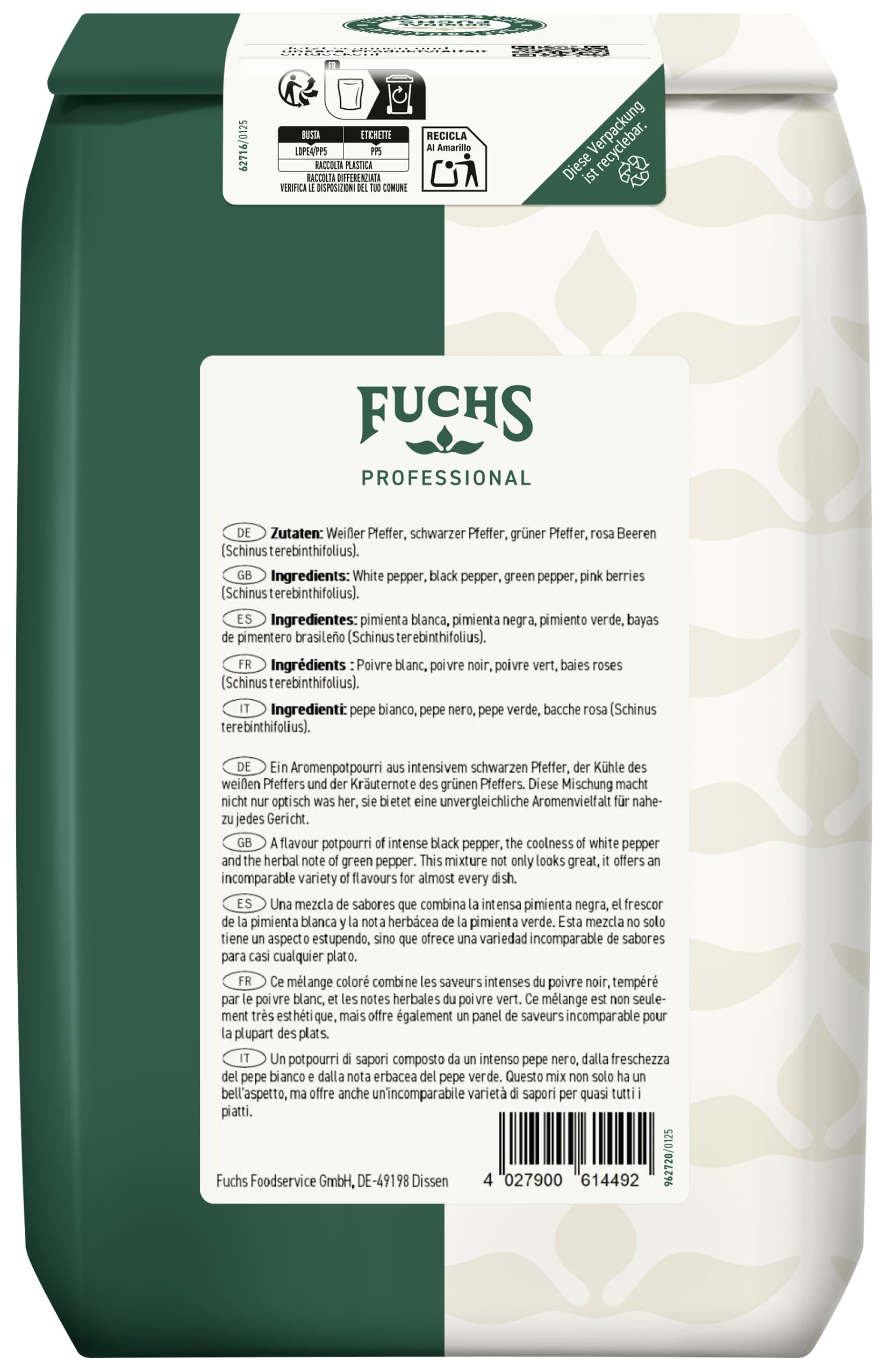 Fuchs Professional - Bunter Pfeffer ganz | Ungemahlenes Universalgewürz, zum Nachfüllen von Pfeffermühlen | Profi-Qualität für Großverbraucher und Gastronomie | 1 kg im recyclebaren Beutel