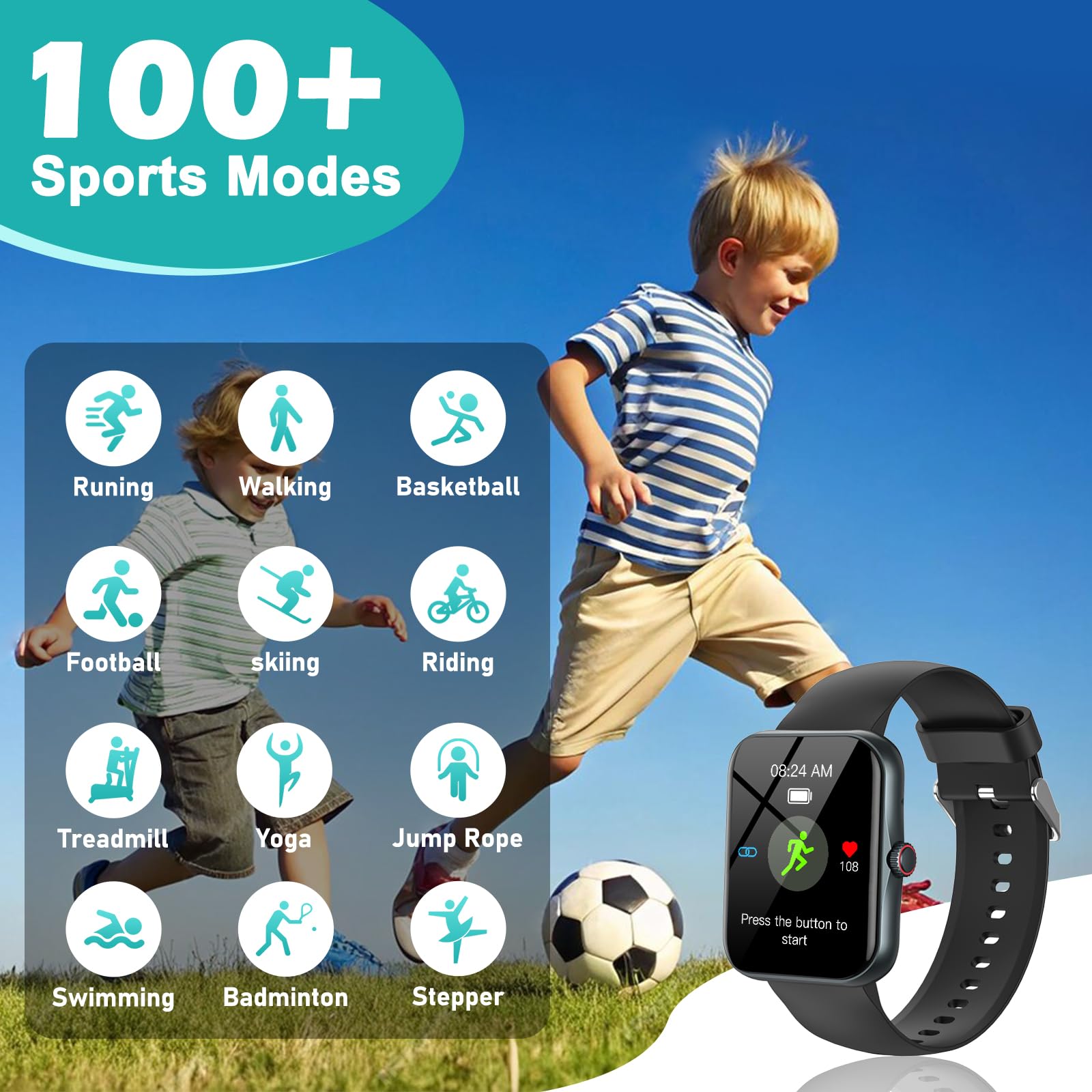 Smartwatch Bambini Fitness Tracker, 1.83" HD Orologio per Bambino Bambina con Frequenza Cardiaca Monitor del Sonno Resistente all'Acqua IP68, Smart Watch per Ragazza Ragazzo Ado 5-16 Anni Regalo Negro