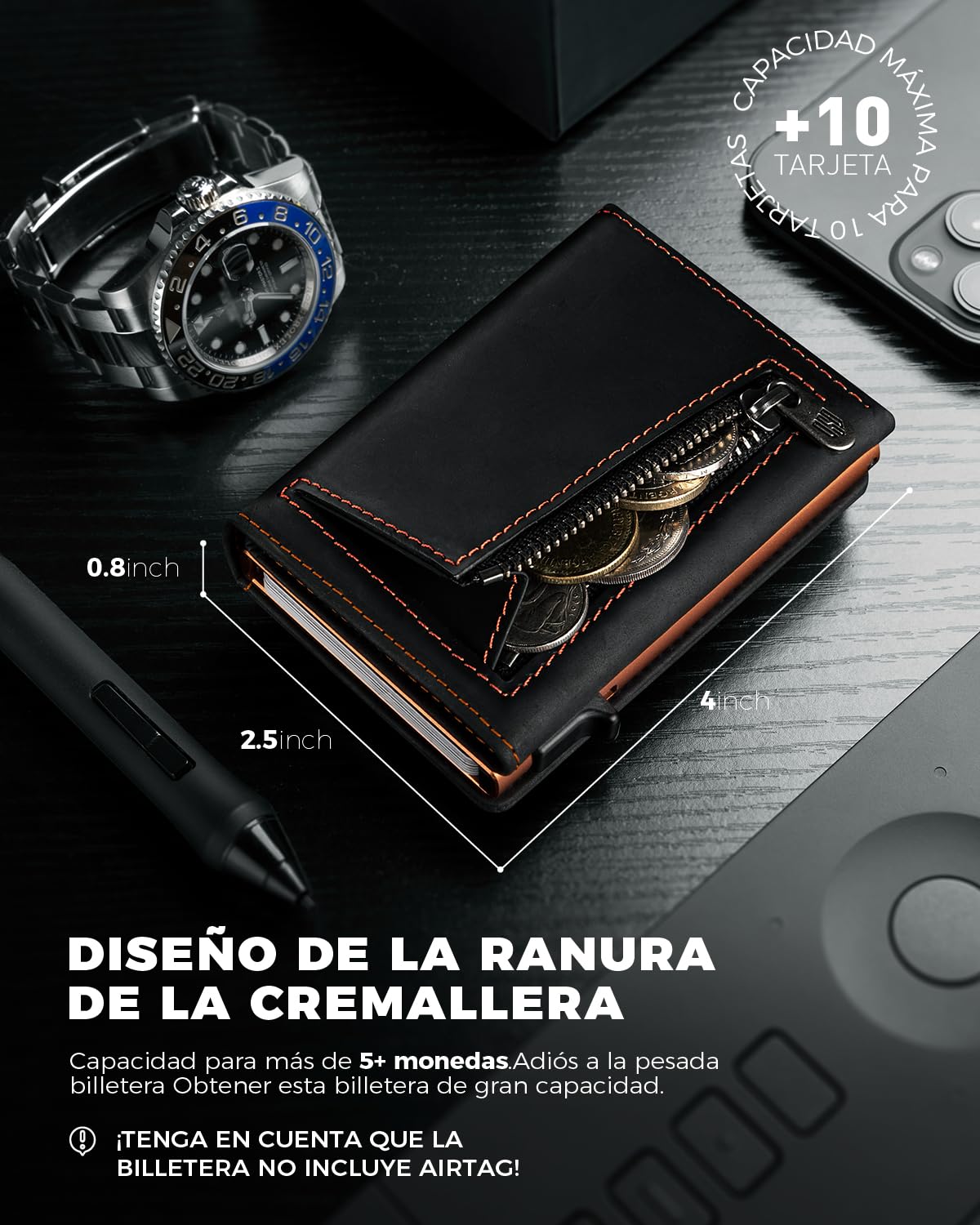 DODENSHA® AirTag* Tarjetero Hombre Protección RFID I Cartera Hombre I Carteras para Inteligente para más de 11 Tarjetas I billeteras para I carteiras Homens pie (Negro y Naranja)