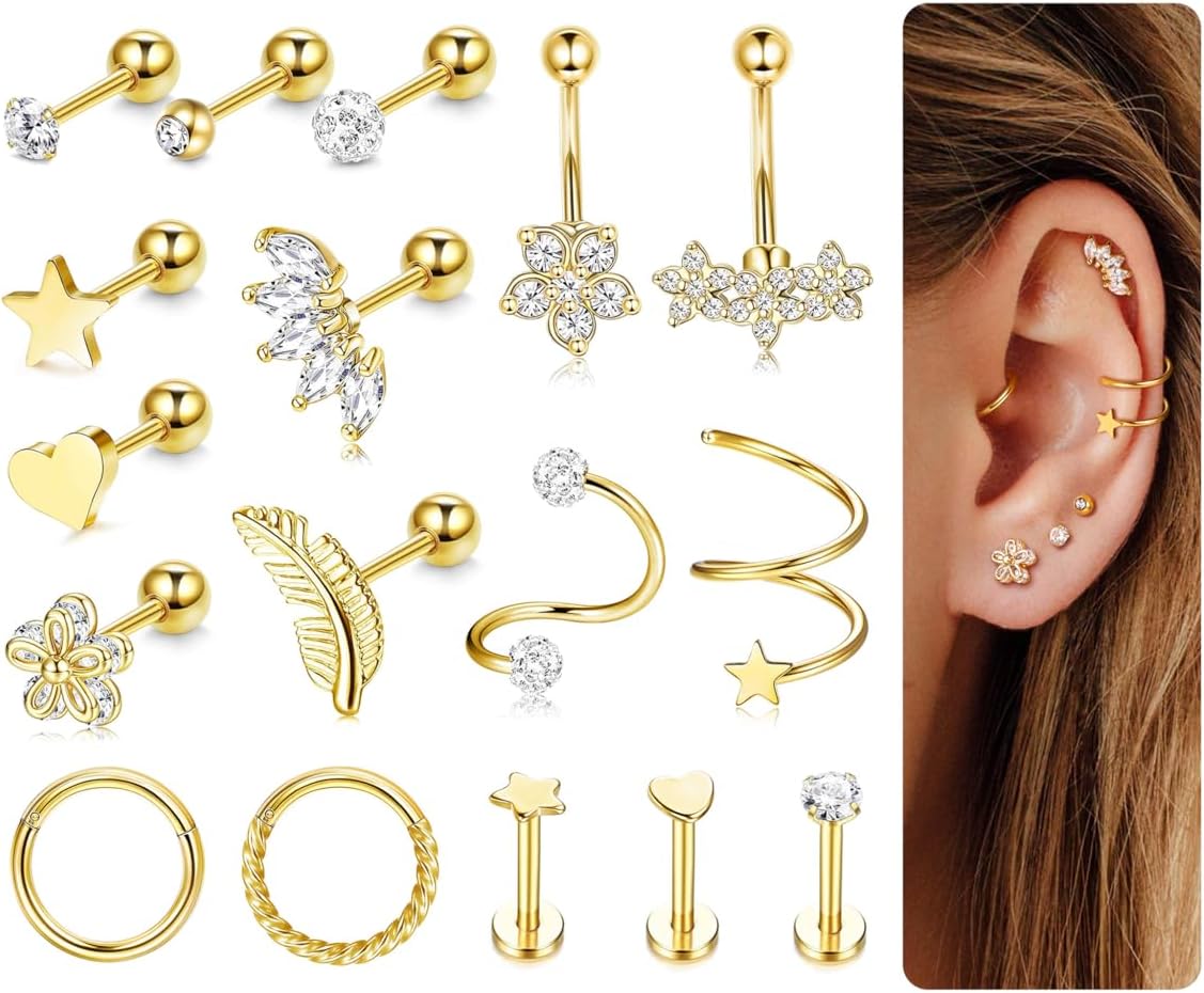 LOLIAS17PCS Helix Piercing Jewellery for Women Surgical Steel Tragus Cartilage Earrings Stud Hoop Conch Helix Piercing Jewellery Nose Daith Septum PiercingRecycled Claim Standard 100