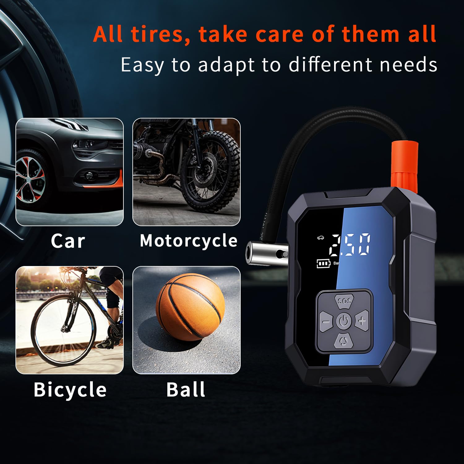 QUMOX Compresseur d'air Portable - Pompe à air sans Fil Rechargeable 4 000 mAh pour Voiture, vélo, Moto, Ballon et équipement de Sport avec Affichage numérique et arrêt Automatique