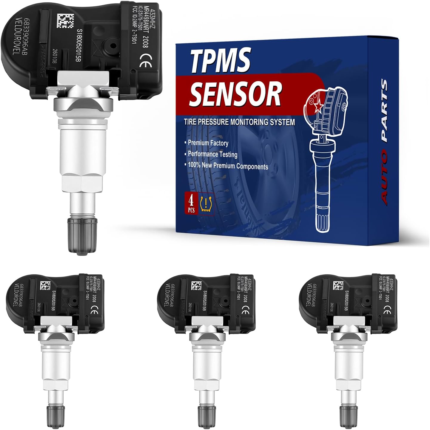 Pre-Programmed Tire Pressure Monitoring Sensor Fit for Jeep - 2021-2024 Gladiator Grand Cherokee Wrangler, Wagoneer, for:Maserati Granturismo Grecale 4PCS 433MHz OE-68339096AB, 68339096AA