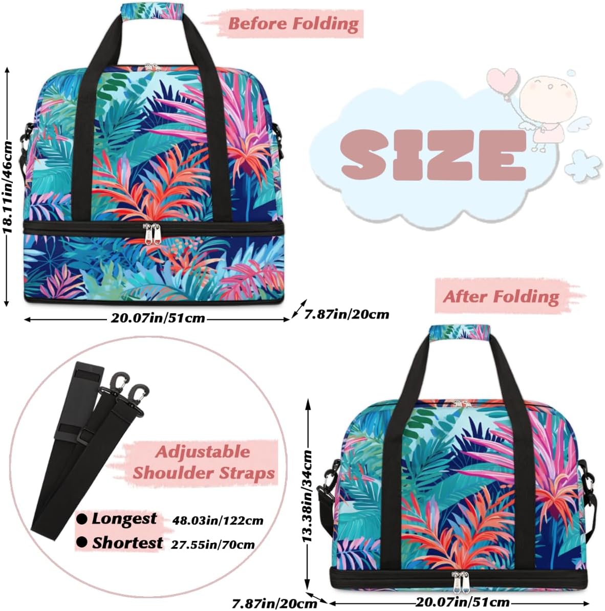 QsirBC Leaves Pattern Design Gym Bag for Women Duffle Tote with Shoes Compartment Men Weekender Duffel for Dance Travel Sports Swimming Overnight