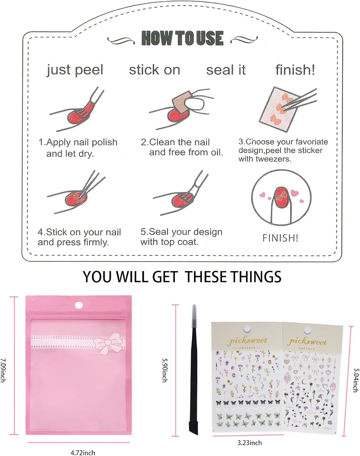 Flower Nail Stickers for Nail Art Decals Charms,5D Embossed Floral Butterfly and Heart Gem, Self-Adhesive 5 Styles Craft Nail Supplies 2 Sheets with Tweezers Kit for Women Decoration
