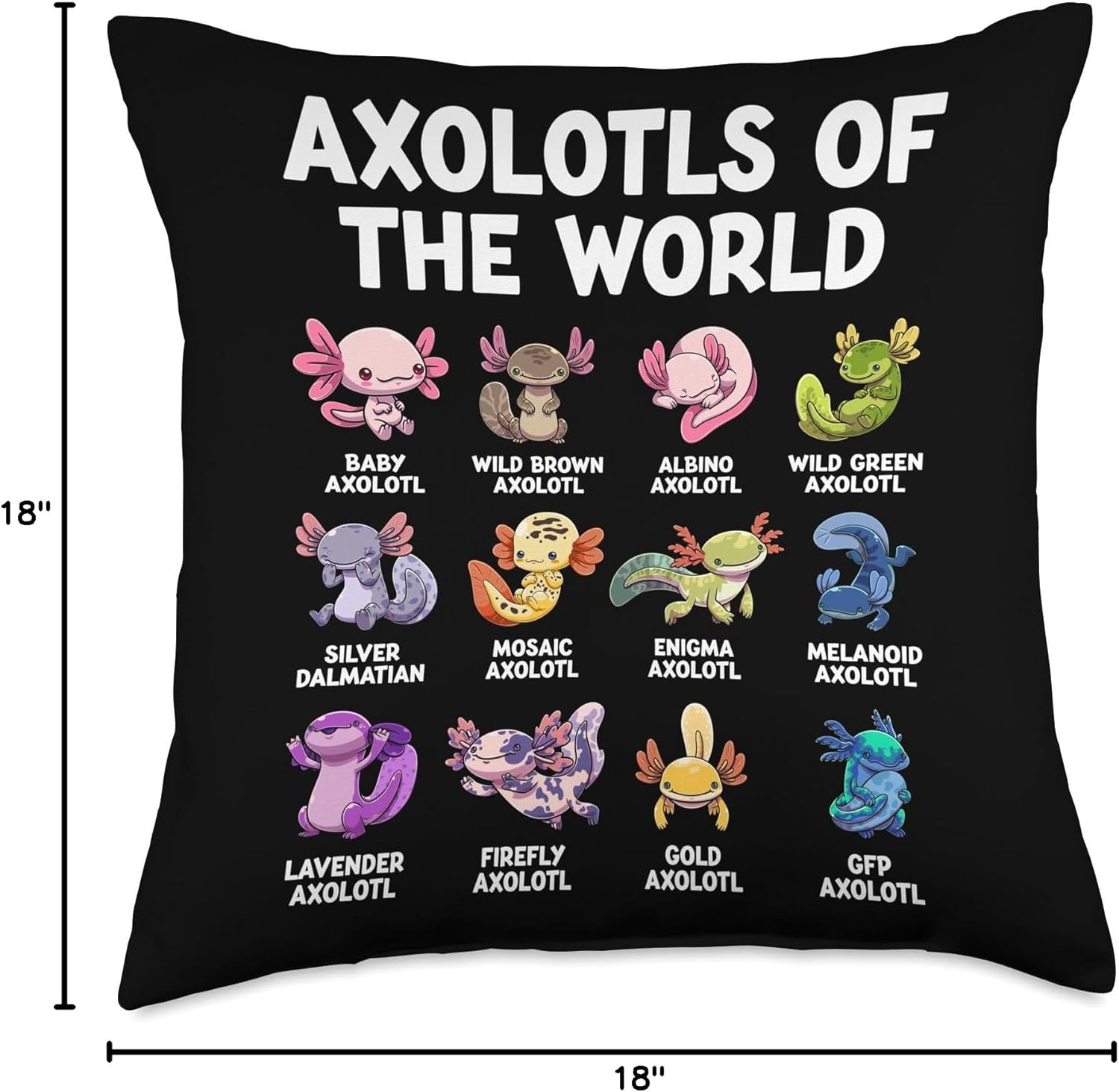 GoshWow Kawaii Axolotl Throw Pillow, 18x18x18, Polyester Fill, Square, Multicolor, Cartoon, Amphibian, Funny, Mexican, Decorative Accent