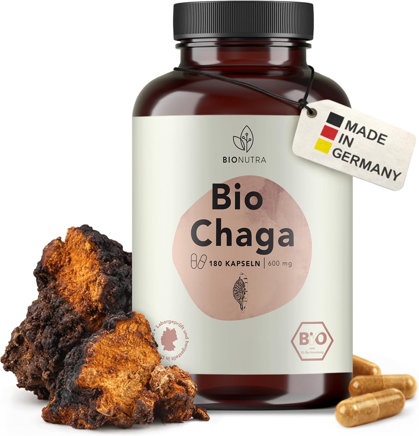 BIONUTRA Organic Chaga Capsules 180 Pieces of 600 mg High Dose Vegan & No Additives Residue Controlled German Made from Vital Mushroom Chaga Organic